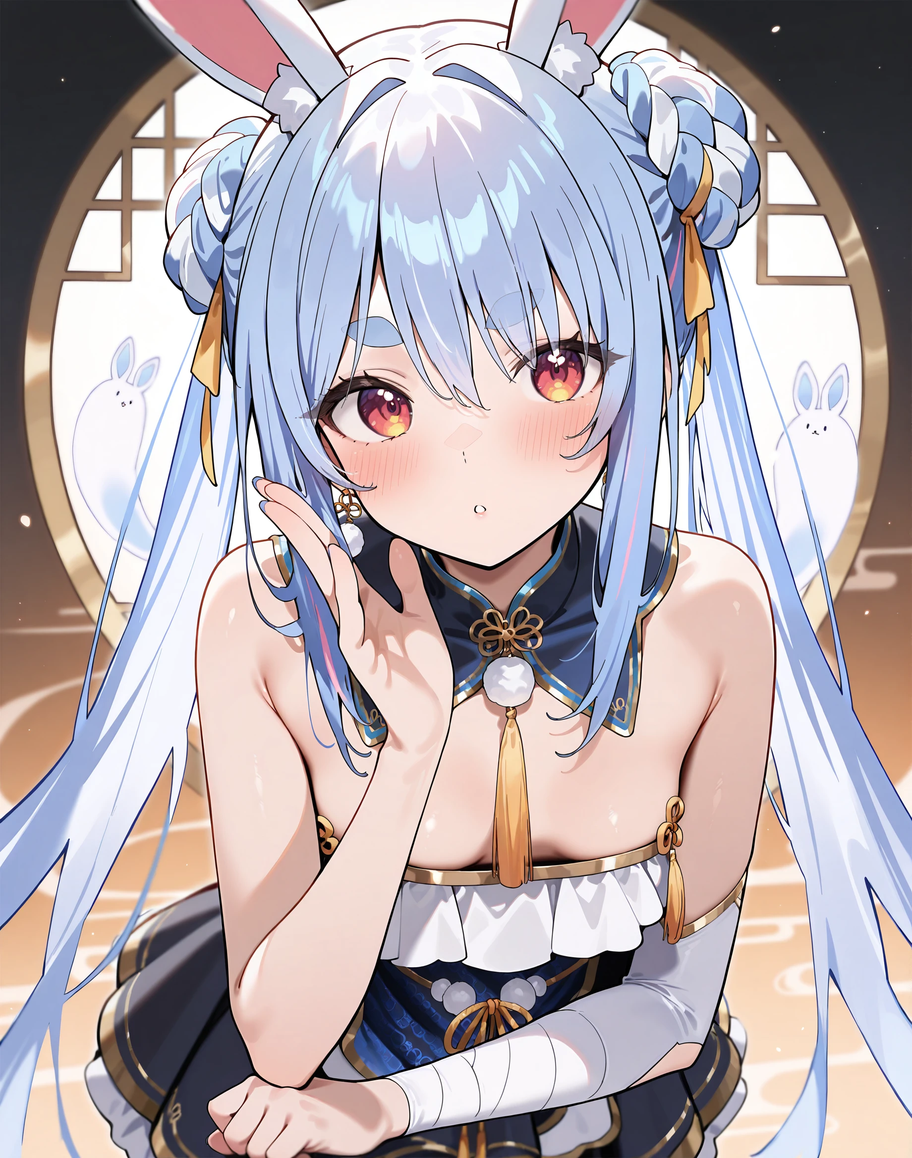 a beautiful anime girl with anatomically correct detailed facial features, long silver hair with cat ears, blushing face, Blue eyes, elegant headdress, holding a sign that says "Houji New Dog", in a starry night sky background, best quality, 8k, highres, masterpiece, ultra-detailed, realistic, photorealistic, vivid colors, studio lighting
