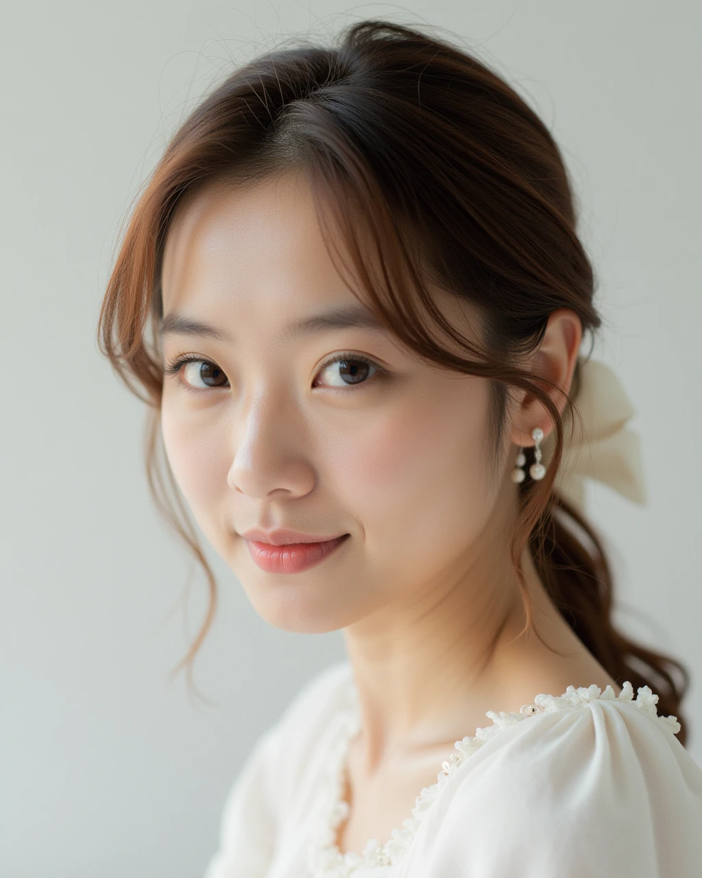 best quality, masterpiece, raw photo of a female in white dress, close up face, brown hair, fashion accessories, looking at viewer, indoor, day time, professional photo, high contrast exposure, soft bokeh, high key light, hard shadow, soft bokeh, simple background, white background,
<lora:hinaFluxAsianMixLora_v4:0.7>