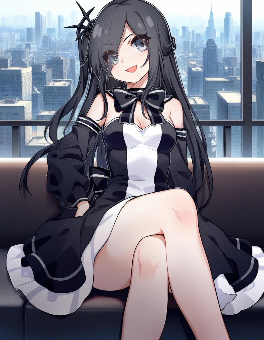 absurdres , highres, ultra detailed,1girl with long black hair, dark aesthetic, ( Big Eyes,beautiful detailed eyes, symmetric eyes,), jirai kei attire,Frills,Bare Shoulder,Ribbon, jirai kei, black thighhighs,High heels,Night,Blunt Bangs