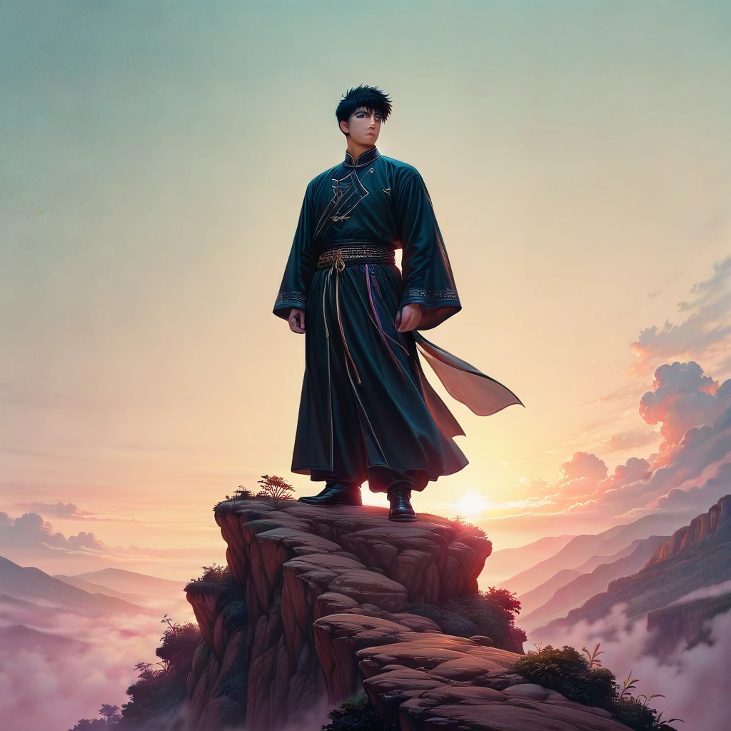 1boy standing on a cliff, anime, manga style, (HD, masterpiece, best quality, hyper detailed, ultra detailed, super realistic),amazing, traditional_chinese_clothes_sdxl<lora:illust\mine\traditional_chinese_clothes_sdxl.safetensors:0.8:0.8>