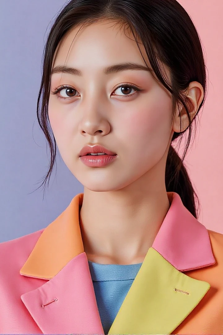 <lora:fluxx-jihyo:1> j!h,, , masterpiece, best quality, a korean woman with a colorful coat and makeup looks at the camera with a serious look on her face and shoulder, Annabel Eyres, colourful, a pastel, fauvism