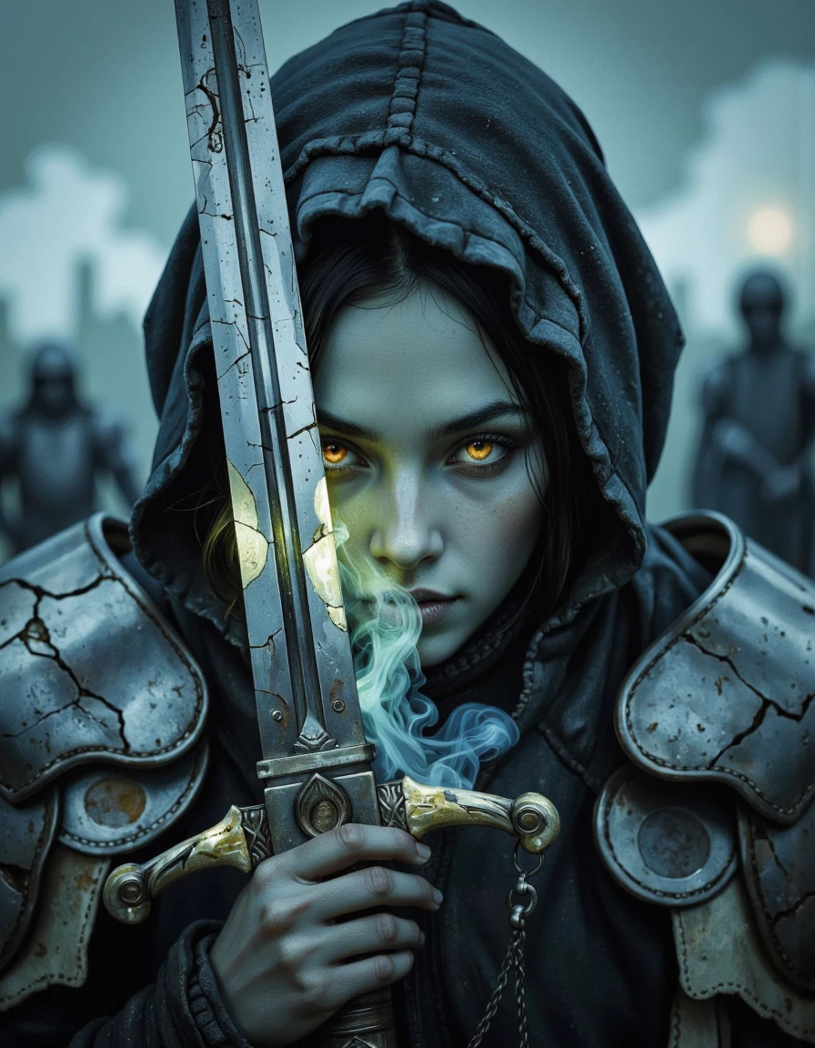 This is a hyper-realistic cinematic photogrpah featuring a ghostly swordswoman, her face partially illuminated by the blade of her cracked sword, The camera focuses tightly on her eyes burning with a fierce ghostly light as she prepares to strike, Her breath fogs in the cold air, the faint glow of her skeletal hand grips the sword hilt with fractured armor trailing mist, The blurred battlefield behind her hints at fallen enemies and rising spirits, high contrast, dramatic close-up, motion blur, eerie glow. <lora:Hocus_Pocus:1>