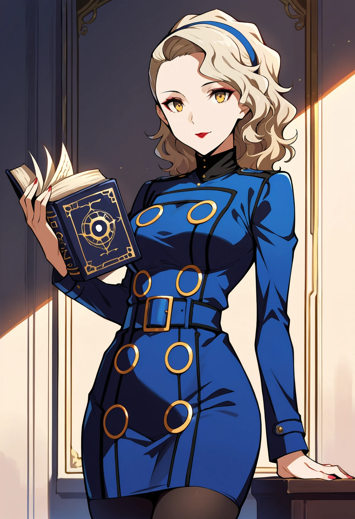 (masterwork, masterpiece, best quality, hyper-detailed :1.1),
1 girl, solo,
p4margaret, yellow eyes, blonde hair, long hair, wavy hair, headband, lipstick, makeup, dress, long dress, pencil dress, blue dress, long sleeves, pantyhose, black pantyhose,
cowboy shot, looking at viewer, faint smile, book, grimoire, open book,