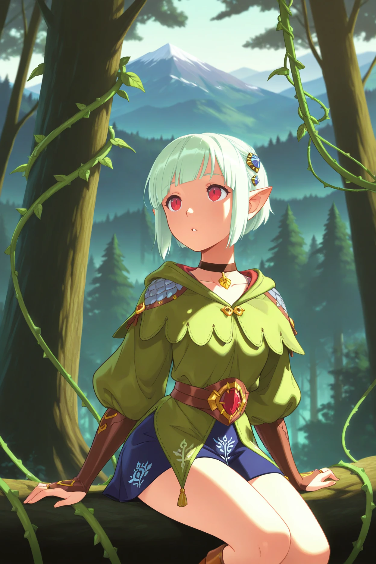 masterpiece, best quality, 1girl, solo, <lora:ena-illu-nvwls-v1-000005:1> mhsena, mint green hair, short hair, blunt bangs, pointy ears, red eyes, hair ornament, choker, green tunic, puffy long sleeves, brown belt, blue skirt, brown bridal gauntlets, brown boots, forest, mountain, clearing, vines, parted lips, curious