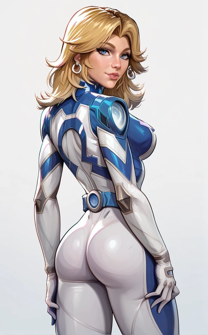 score_9, score_8_up, score_7_up, absurdres, looking back, from behind, kneepits, ass, back, hand on own thigh, standing, gradient background, solo, looking at viewer, <lora:PONYXL_MarvelRivalsSueStorm_ownwaifu:1>, BREAK PONYXL_MarvelRivalsSueStorm_ownwaifu, 1girl, blue belt, blue bodysuit, flipped hair, long legs, narrow waist, number print, skin tight, toned, two-tone bodysuit, white bodysuit, blonde hair, blue eyes, lips, long hair, jewelry, medium breasts, hoop earrings, nose, gloves, large breasts, superhero, earrings, blue gloves, parted bangs, multicolored clothes, bangs, pilot suit, white gloves, multicolored bodysuit, shiny hair, pink lips, thick eyebrows, thick thighs, turtleneck, covered abs, <lora:add-detail-xl:0.15>,