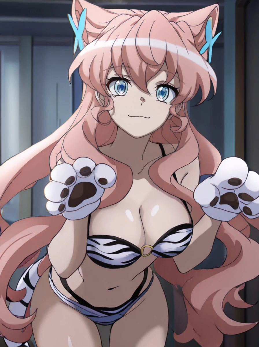 White panties、White bra、In underwear、masterpiece, highest quality, 8K,Mylene HFV4, Anime Coloring,  One girl,  jewelry, hair band, blue hair band,Very long hair,Pink 