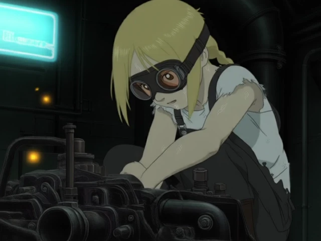 Katsuhiro Otomo style. Zoom in. A blonde girl in a tattered mechanic's jumpsuit, her goggles glinting with oil smudges, crouched over a complex engine. She is tightening bolts at a rapid pace, sparks flying around her hands. The background is a dimly lit, industrial workshop with exposed pipes and a flickering neon sign.