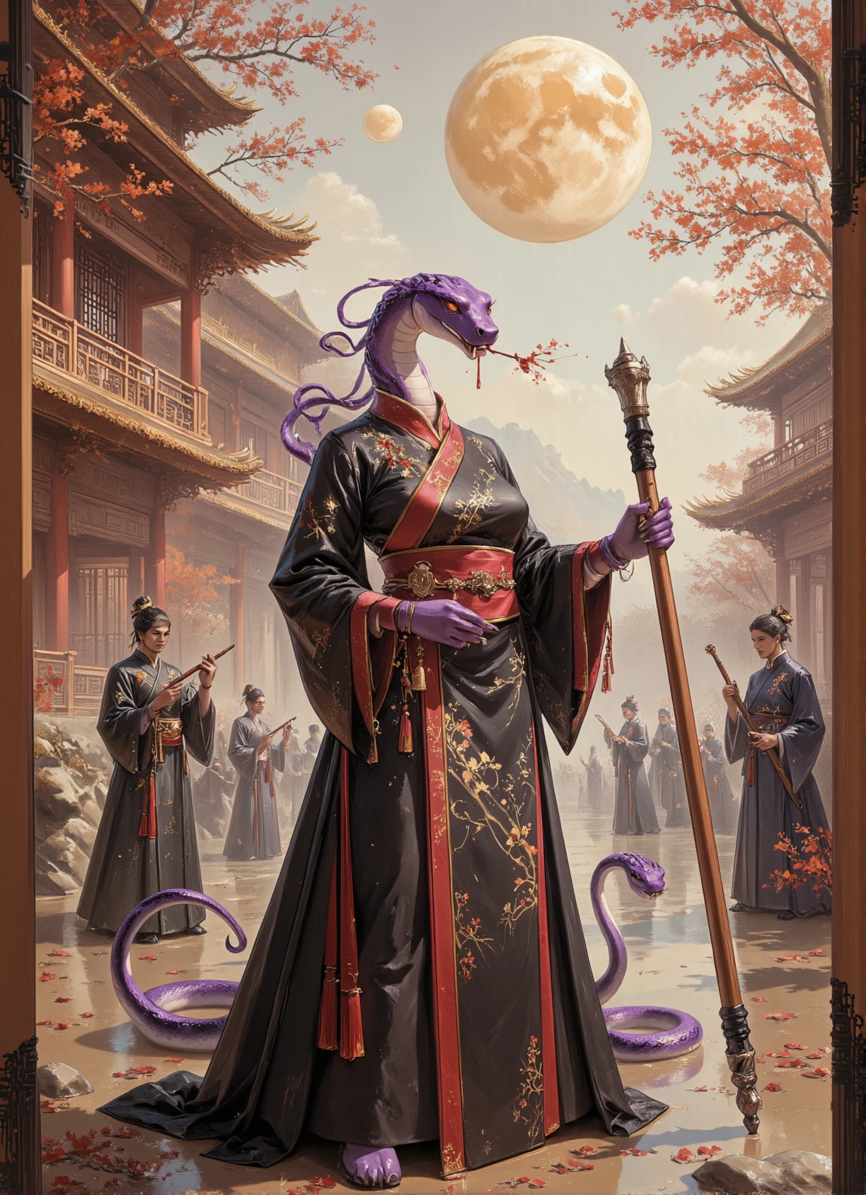 Ink Dripping Drawing, watercolor painting Chinese Gongbi art, dark fantasy art, a semi-realistic oil painting of an anthropomorphic cobra, painted onto a folding Shoji changing screen, in the style of Forgotten Realms and D&D, inspired by the Chinese year of the Snake and Chinese culture, shape-shifter, beautiful snake woman, large head of a cobra, large long cobra face, yellow snake eyes, short neck, lateral expansion of her neck skin and underlying musculature, venomous fangs, humanoid arms and hands, long sharp deadly fingernails, long cobra tail, (anthro cobra), Yuan-ti from Dungeons & Dragons, slithering gracefully along the ground with her purple snake-like torso upright, medium covered breasts, a mysterious woman hidden in shadow and surrounded by magical energy, master of the elements and arcane spellcraft, imbued with the abilities of a god at birth, she is able to bend both time and space to her will with a simple hand movement and a spoken word, ambitious, greedy, malevolent, enticing, mysterious, black Hanfu formal dress, [no longer does she have the need to walk or ride, teleportation and levitation are her forms of locomotion, omnipresent in the way that she can see and hear the entire world around her all at once, isolated and lonely with only her unlimited power to keep her sane], wizard, sorceress, holding a long magical metallic silver staff with a glowing gem at its tip, cunning, chaotic, dangerous, fantastic mythical creature, evil eyes, dark purple serpent skin,  Pink Hanfu formal dress, aggressive, mischievous, troublemaker, cunning trickster, beautiful and terrifying, deadly, lunar eclipse in the shape of a coiled serpent, background of The Forbidden City background, Phoebe Zhennan wood structures with golden tile rooftops and lines of statuettes led by a man riding a phoenix and followed by an imperial dragon, marble courtyards and archways, golden bricks form intricate patterns along the many roads in the palace complex, large stone walls surround the perimeter providing safety and security to those within, an awesome sight be behold in not only its size but its beauty as well , indirect lighting, shadows, hard edges, sleek contours, (year of the Snake theme) <lora:Prog420_YoS_Flux:1> <lora:Anthropomorphic_Fantasy_DnD_Illustrations:0.8> <lora:china_songdai_shuimo:0.8> . vibrant, beautiful, painterly, detailed, textural, artistic, ink drawing, dripping ink