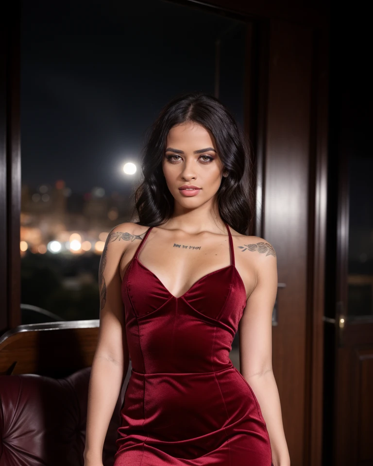 Lucia sonriente real con vestido de gala negro muy sensual y tatuaje en una pierna