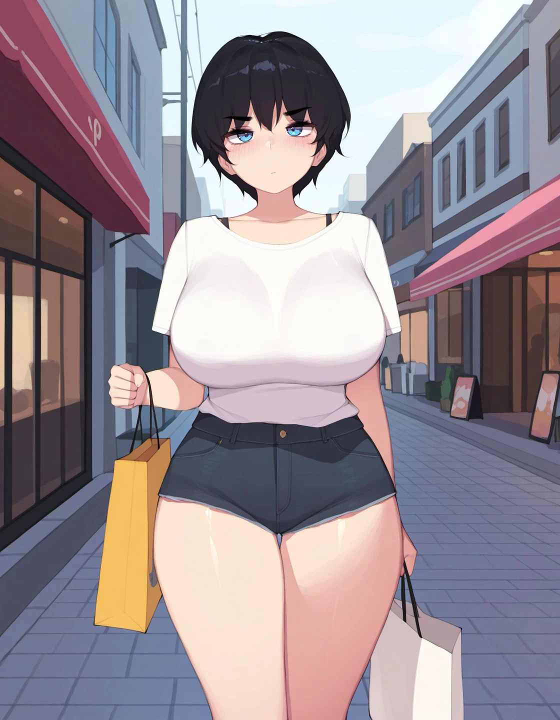slightly chubby, Married woman atmosphere, Voluptuous body, naked, strapless see-through white mini tank top, open neckline, see through giant areolas, sagging breasts apart, one breast exposed, bottomless, bare legs, showing pussy, shopping, looking around at outside market