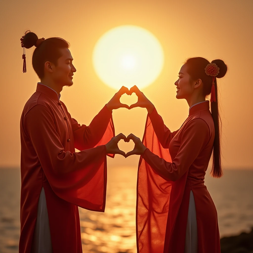 4k, extremely detailed wide view of amazing scene with detail, realistic, photo quality, man and woman wearing Chinese clothes together each reaching with one hand towards the sun and forming a heart shape between their hands, full shot, realistic, high quality, ultra detailed, colorful