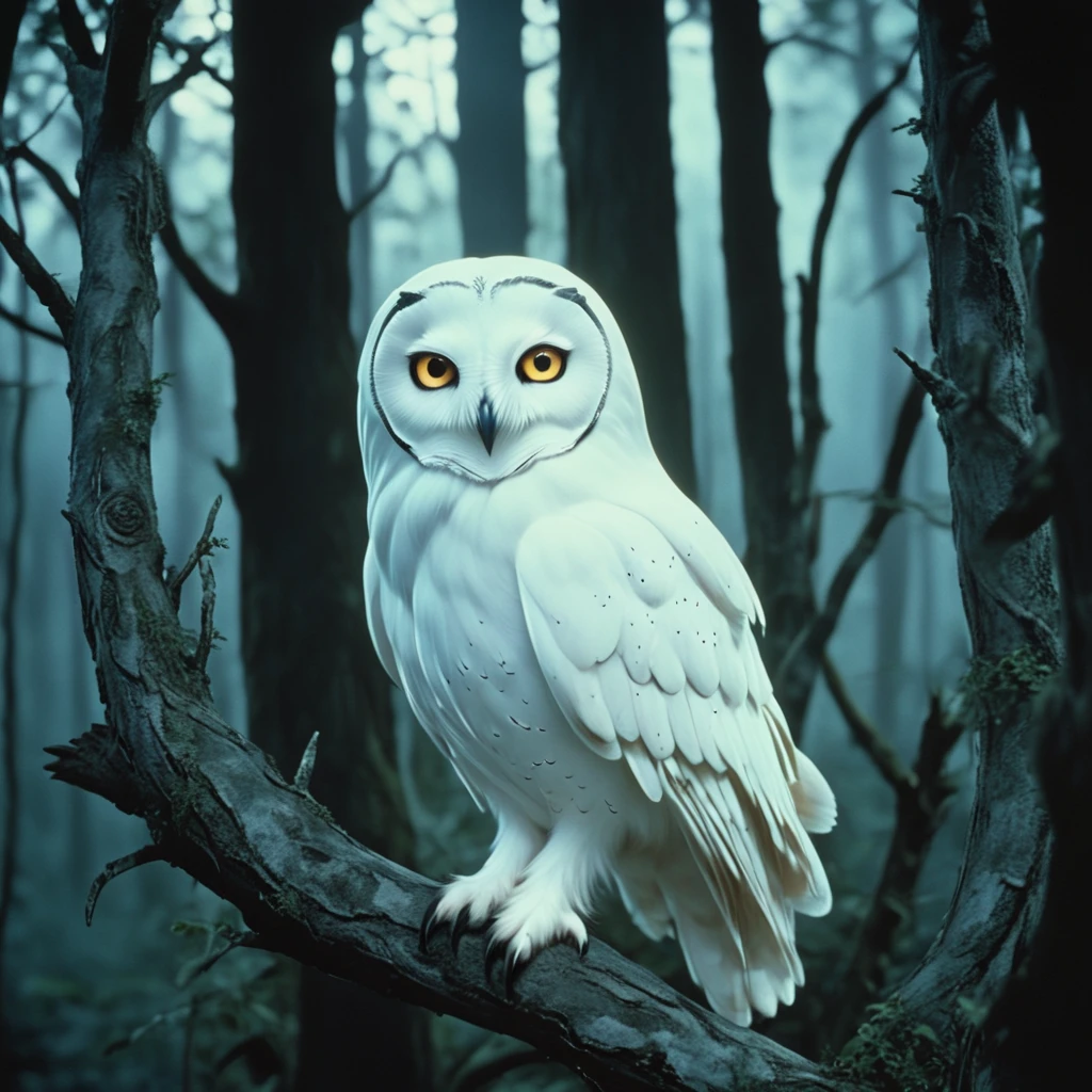 <lora:80sFantasyMovieV3SDXL:1> ArsMovieStill, 80s Fantasy Movie Still, The image shows a white owl perched atop a tree branch in a dark forest. The owl is surrounded by other trees creating a peaceful atmosphere., no humans, bird, owl, tree, nature, forest, outdoors, animal, animal focus, looking at viewer
