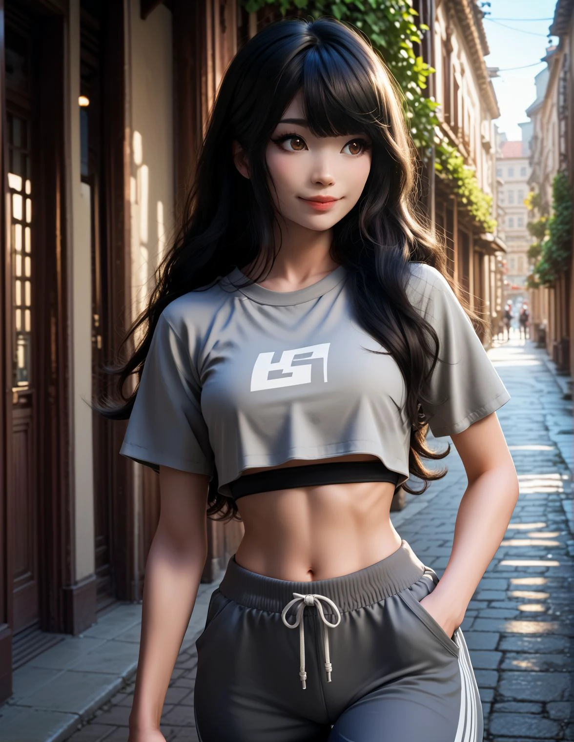 score_9, score_8_up, score_7_up, score_6_up, score_5_up, score_4_up,
<lora:dark:0.3> <lora:em1ruJPG:1> em1rujpg, long hair, lips, black hair, brown eyes, bangs,
grey crop top, midriff, grey baggy jogging pants, light smile,
hands in pockets,
