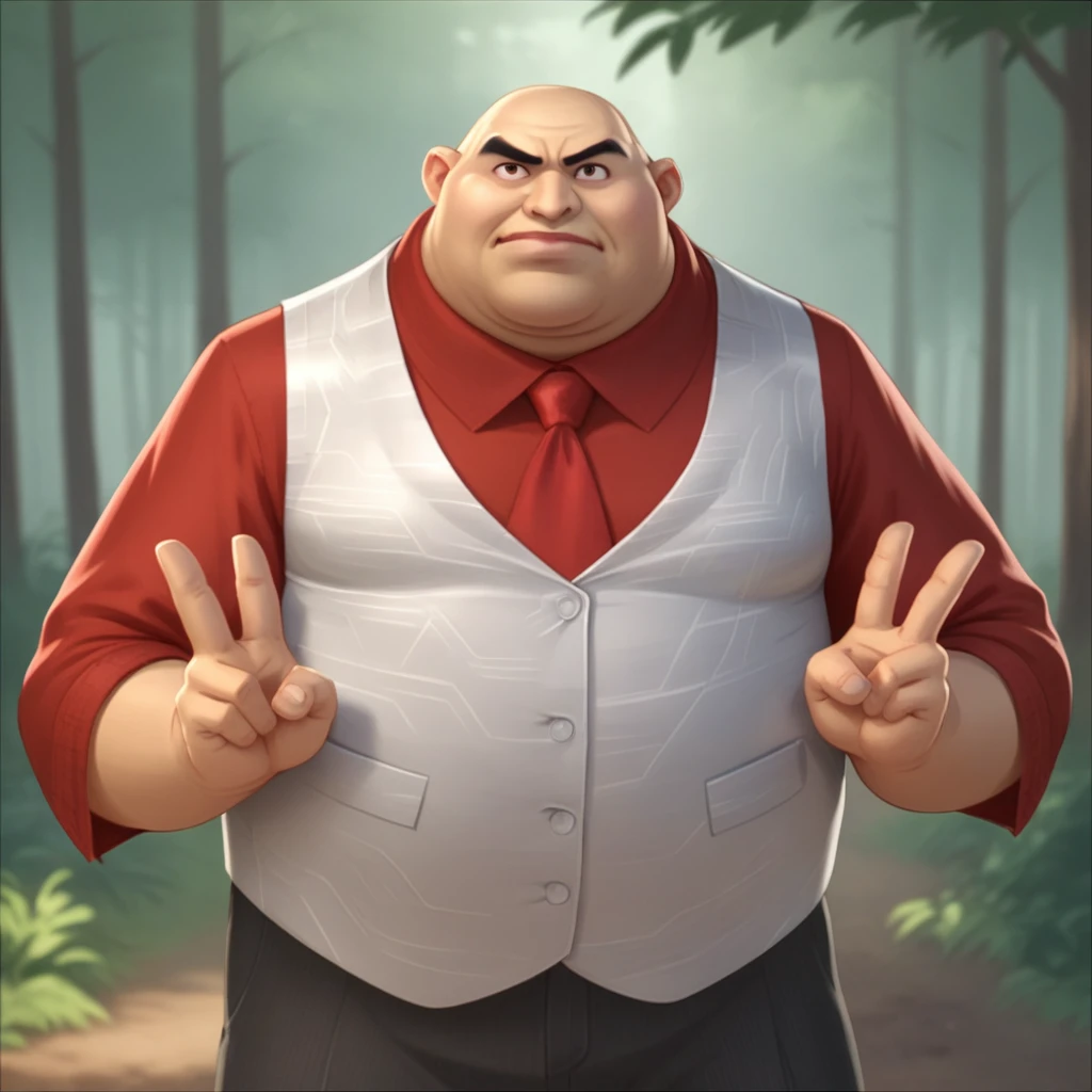 Ugly score_9_up, score_8_up, score_7_up, BREAK, KatsuKimura, 1boy, solo, fat, bald, brown eyes, red shirt, red necktie, white vest, upper body, <lora:KatsuKimura_PXL_Leaf1:1>, depth of field, double v, forest,