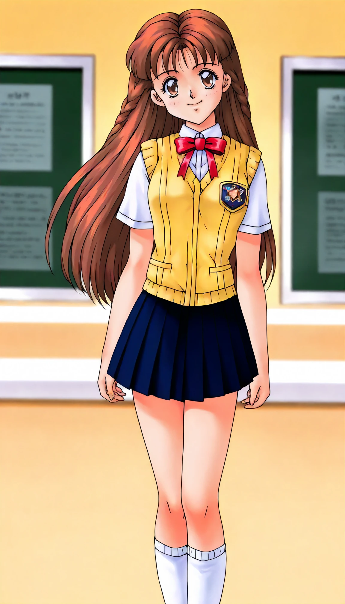 <lora:HRC_wakatsuki_annaXLIllustrious001>,
masterpiece,best quality,good quality,newest,retro artstyle,
glitter,
smile,
looking at viewer,
solo,standing,
anime coloring,1990s (style),
wakatsuki_anna\(houkago_renai_club\),1girl,brown hair,long hair,side braid,brown eyes,
white shirt,short_sleeves,red bow tie,yellow vest,
dark blue skirt,pleated_skirt,
white socks,