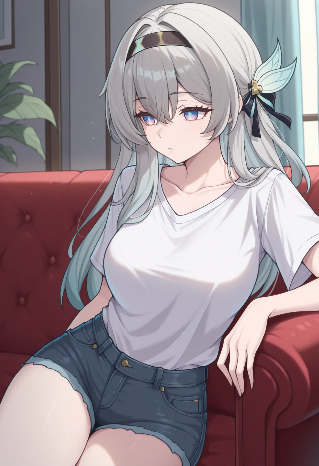 masterpiece, best quality, 1girl, solo, F1reflyHSR, blue pupils, purple eyes, blue eyes, grey hair, multicolored hair, long hair, black hairband, hair ornament, t-shirt, white shirt, collarbone, denim shorts, sitting, indoors, couch, lounging, arm rest, <lora:ChamFireflyIllustriousXL:1>