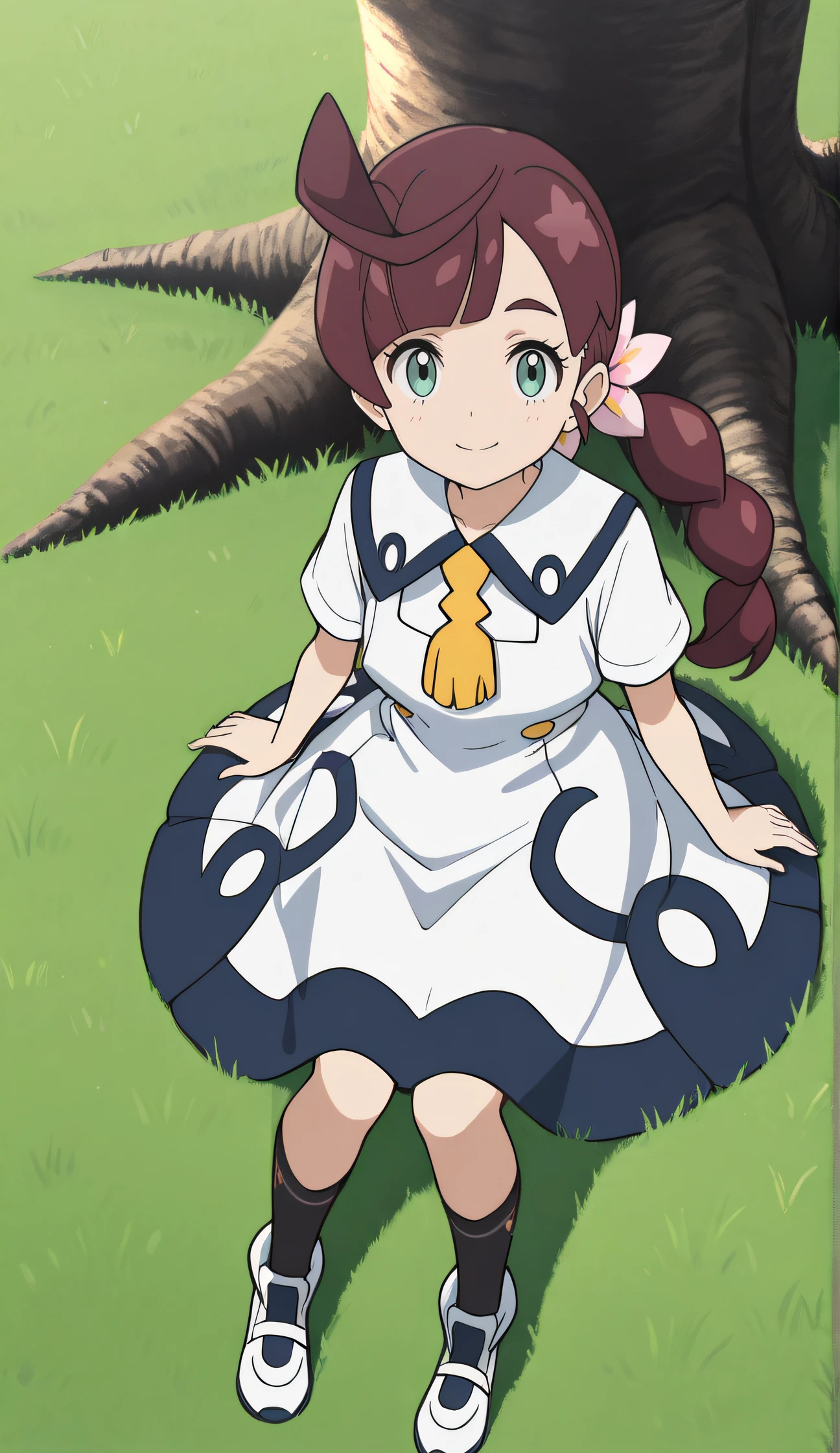 masterpiece, best quality, highres, scenery, newest, 1girl, solo, official style, <lora:IL_Koharu:1>, koharu, school uniform, white dress, neck tassel, black socks, white shoes, smile, outdoor, grass, tree, sitting on grass, looking at viewer, from above