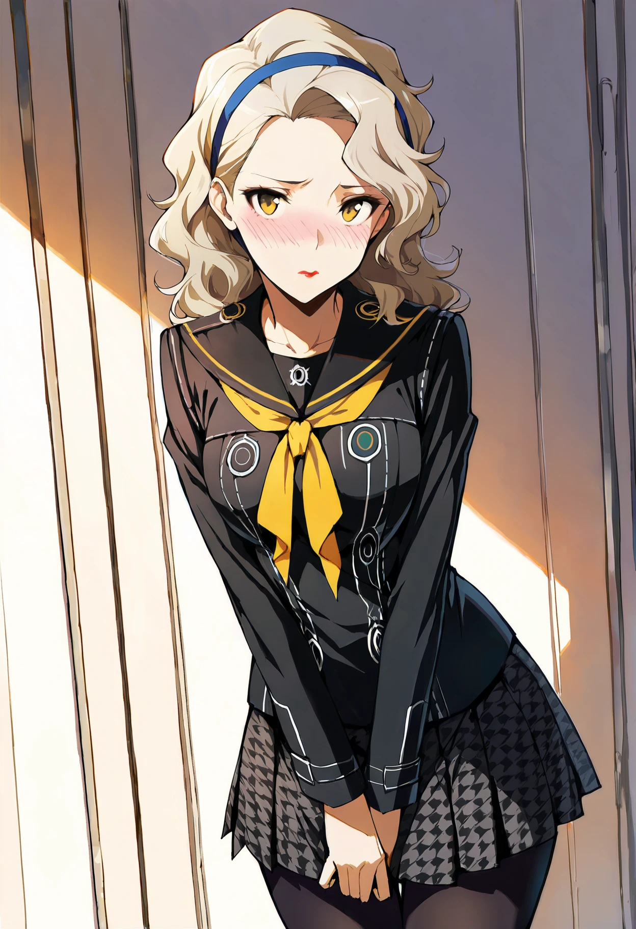 (masterwork, masterpiece, best quality, hyper-detailed :1.3),
1 girl, solo,
p4margaret, yellow eyes, blonde hair, long hair, wavy hair, headband, lipstick, makeup,
(serafuku, yasogami school uniform, school uniform:1.3), pleated skirt, houndstooth, black pantyhose,
cowboy shot, looking at viewer, embarrassed,