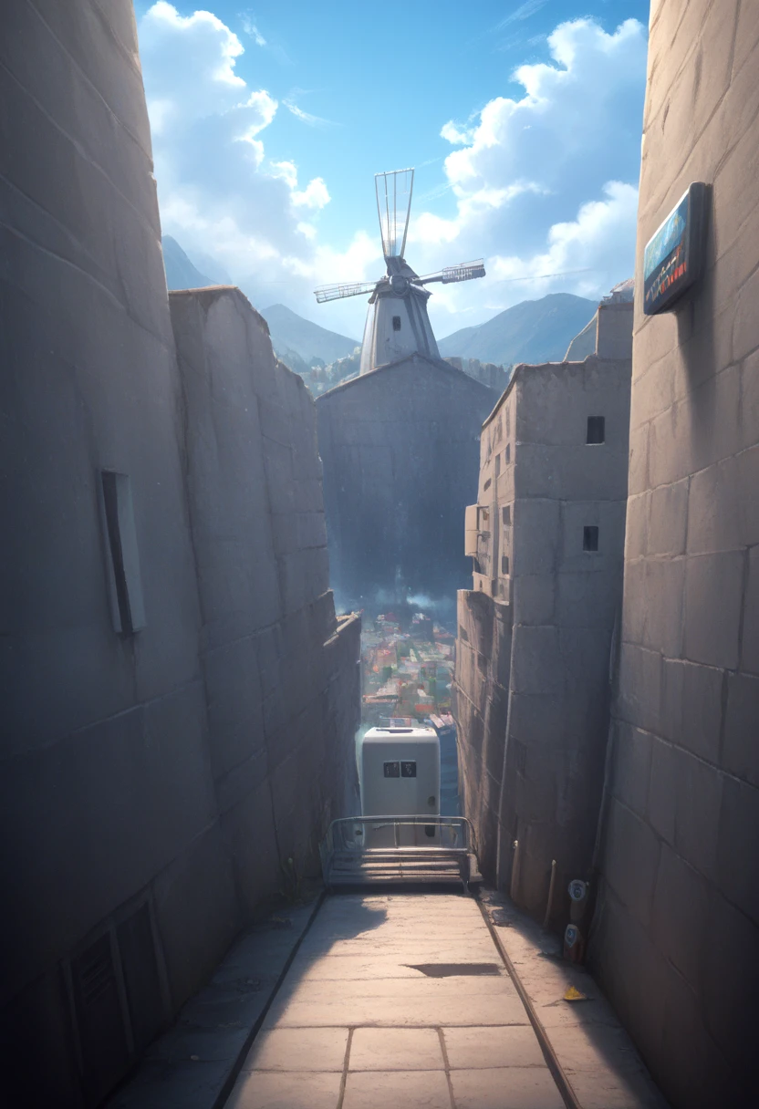 score_9,score_8_up,score_7_up,score_6_up,score_5_up,score_4_up,source_anime,<lora:addetailv3_by_n0utis_pony:1.3>,air conditioner,apartment,architecture,arrow \(symbol\),balcony,blue sky,cable,cloud,fisheye,poster \(object\),sky,smokestack,stairs,tile floor,tile wall,tiles,train,vending machine,windmill,