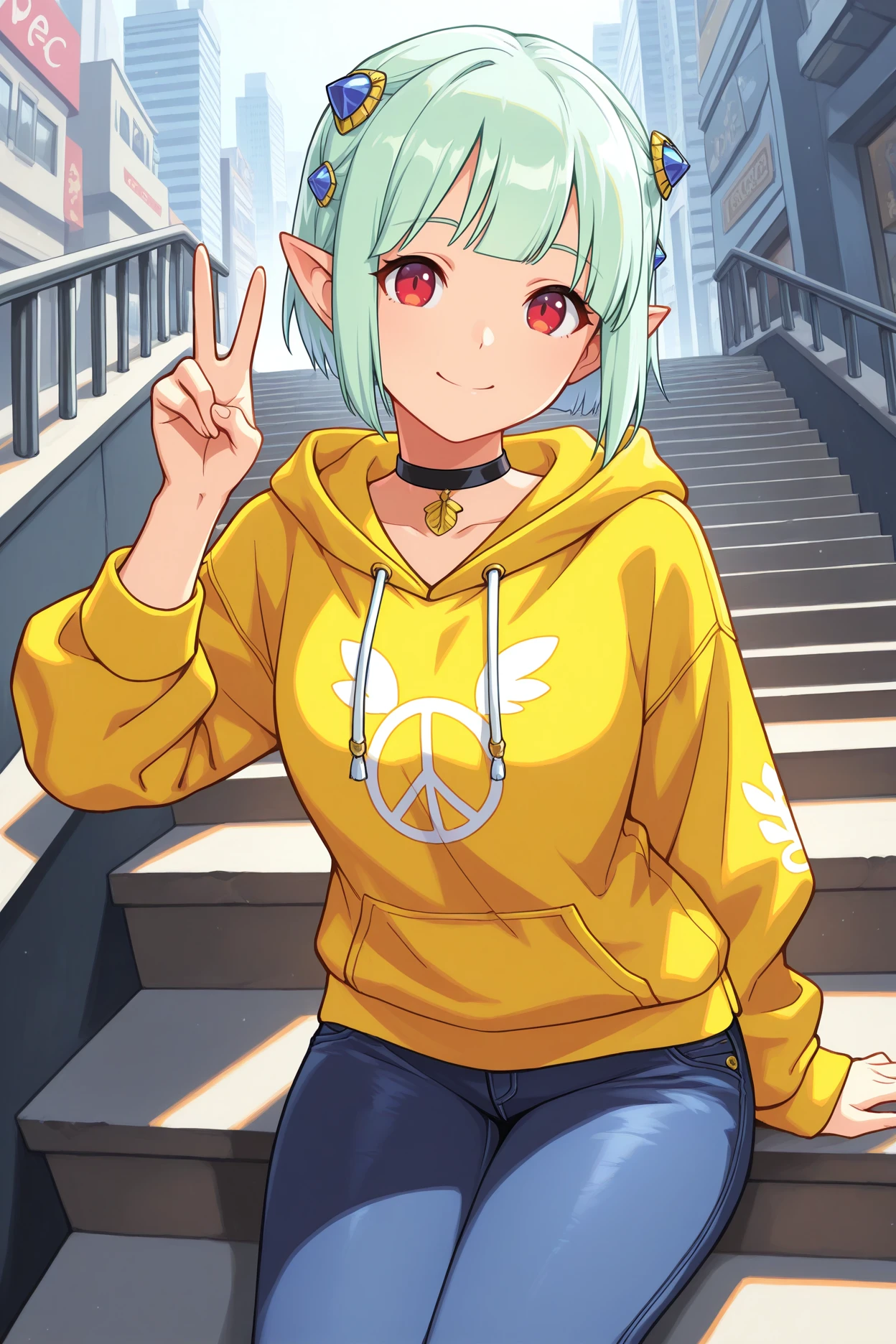 masterpiece, best quality, 1girl, solo, <lora:ena-illu-nvwls-v1-000005:1> mhsena, mint green hair, short hair, blunt bangs, pointy ears, blue hair ornament, choker, yellow hoodie, smile, peace sign, red eyes, jeans, sitting, stairs, city, looking at viewer