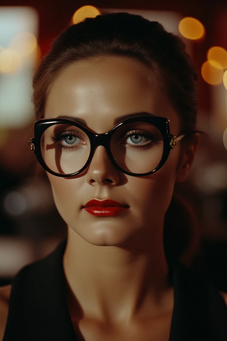 A cinematic portrait of a sophisticated woman with soft even lighting. She has piercing eyes and wears big vintage glasses, adding an air of mystery and elegance. Her makeup is classic, featuring bold red lips and softly accentuated features. Her hair is styled in a ponytail framing her face elegantly. The background is dimly lit with warm, blurred tones, creating an intimate and timeless atmosphere. The focus is sharp on her face. The scene conveys a sense of classic Hollywood glamour and intrigue.