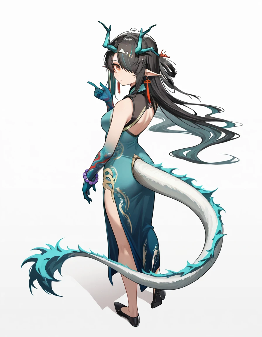 (masterpiece), (best quality), (ultra-detailed), dusk (arknights), long hair, one eye covered, dusk dragon tail, duskdrs, dusk chinese dress, beads bracelet, tassel earrings, white background, looking at viewer, detailed face, detailed fingers, hand up, full body, standing, from behind, from above, looking back, illustration, disheveled hair, detailed eyes, perfect composition, moist skin, intricate details, earrings