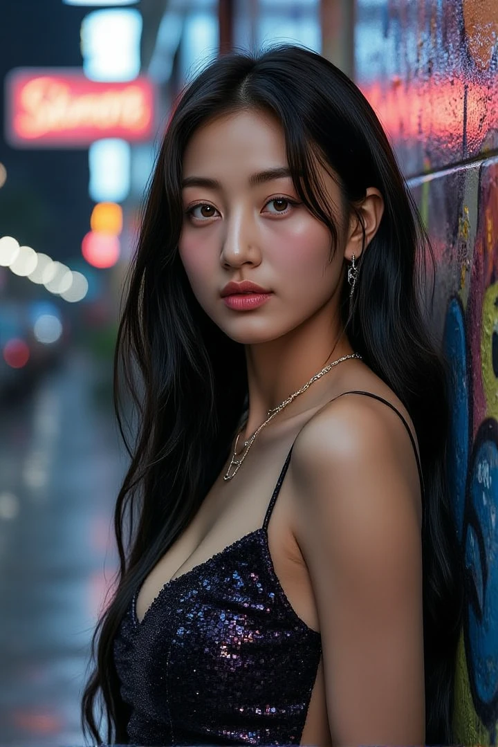 <lora:fluxx-jihyo:1> j!h, In a dark, neo-noir urban landscape under the harsh glare of a rain-slicked neon sign, a korean woman with cascading, raven-black hair and intense brown eyes, her full lips parted in a sultry smile that reveals a single silver tooth piercing, wears an avant-garde, shimmering dress adorned with intricate, iridescent patterns. Her long, flowing hair spills across one shoulder as she stands on a rain-soaked sidewalk, leaning against the cold steel of a graffiti-covered alleyway wall. The camera captures her from an oblique angle, casting her in stark relief against the gritty background, her gaze locked with the viewer's in a defiant and mysterious invitation to join her in the shadowy heart of the city.