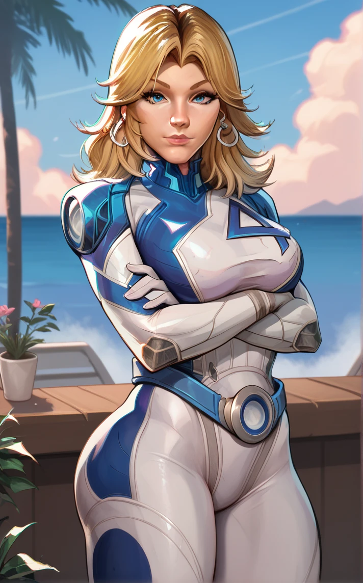 score_9, score_8_up, score_7_up, absurdres, 1girl, bare tree, branch, breast hold, crossed arms, day, outdoors, palm tree, stomach, cowboy shot, blue sky, cloud, blurry background, legs together, closed mouth, standing, thighs, arm under breasts, <lora:PONYXL_MarvelRivalsSueStorm_ownwaifu:1>, BREAK PONYXL_MarvelRivalsSueStorm_ownwaifu, 1girl, blue belt, blue bodysuit, flipped hair, long legs, narrow waist, number print, skin tight, toned, two-tone bodysuit, white bodysuit, blonde hair, blue eyes, lips, long hair, jewelry, medium breasts, hoop earrings, nose, gloves, large breasts, superhero, earrings, blue gloves, parted bangs, multicolored clothes, bangs, pilot suit, white gloves, multicolored bodysuit, shiny hair, pink lips, thick eyebrows, thick thighs, turtleneck, covered abs, <lora:add-detail-xl:0.15>,