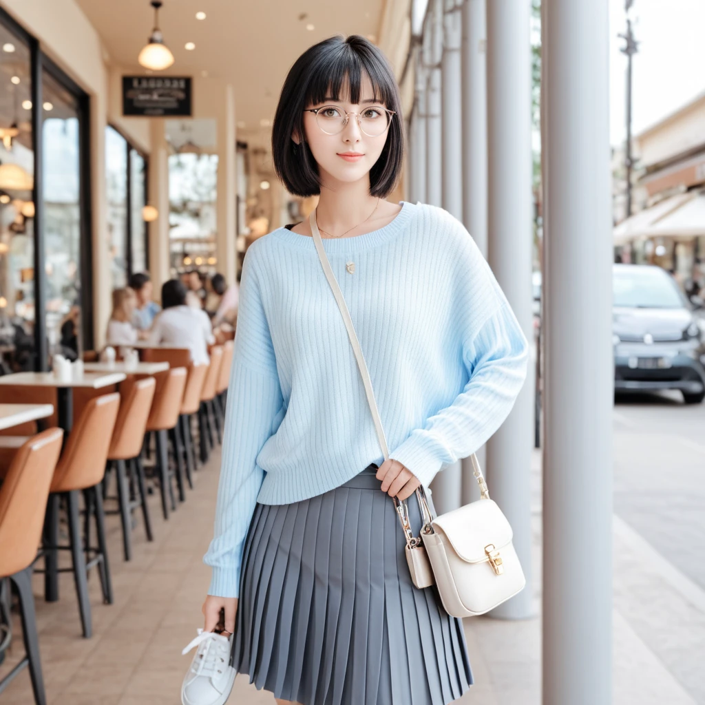 A confident young woman in an oversized pastel sweater tucked into a pleated skirt, paired with white sneakers and a crossbody bag, standing in a trendy café with natural sunlight streaming in, photorealistic and chic, 1girl, larissa, bangs, short hair, black eyes, black hair, breasts, glasses, attractive body, <lora:larissa-v2:1>, <lora:Fixhand:1>,<lora:Super_Skin_Detailer_By_Stable_Yogi_SD0_V1:1>, <lora:virgin_killer_sweater:1>