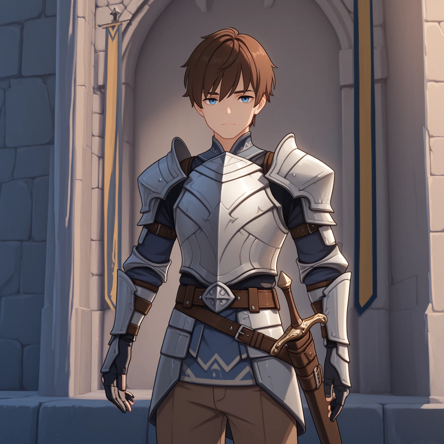 masterpiece, best quality, amazing quality, G3NSHIN, looking at viewer, short hair, blue eyes, brown hair, 1boy, closed mouth, standing, weapon, male focus, cowboy shot, belt, pants, sword, armor, shoulder armor, , pauldrons, sheathed, breastplate, european architecture, stone wall, banner