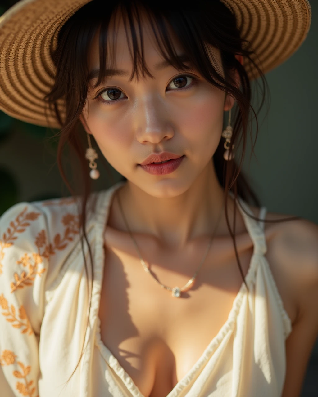 A raw photo of a K-POP asian girl wearing a style dress, captured in a close-up shot. Her skin glows under natural light, highlighting the fine details of her attire and accessories, which include subtle jewelry that enhances the boho charm. Loose strands of her hair fall gently around her face, framing her features with a relaxed, carefree vibe. The intricate patterns of her dress, made of light, flowing fabric, showcase delicate embroidery and soft earthy tones, which reflect the free-spirited essence of the bohemian aesthetic. The texture of the fabric is richly detailed, and the soft shadows bring out the depth of the image, creating a warm and intimate atmosphere.
<lora:hinaFluxAsianMixLora_v4:0.7>