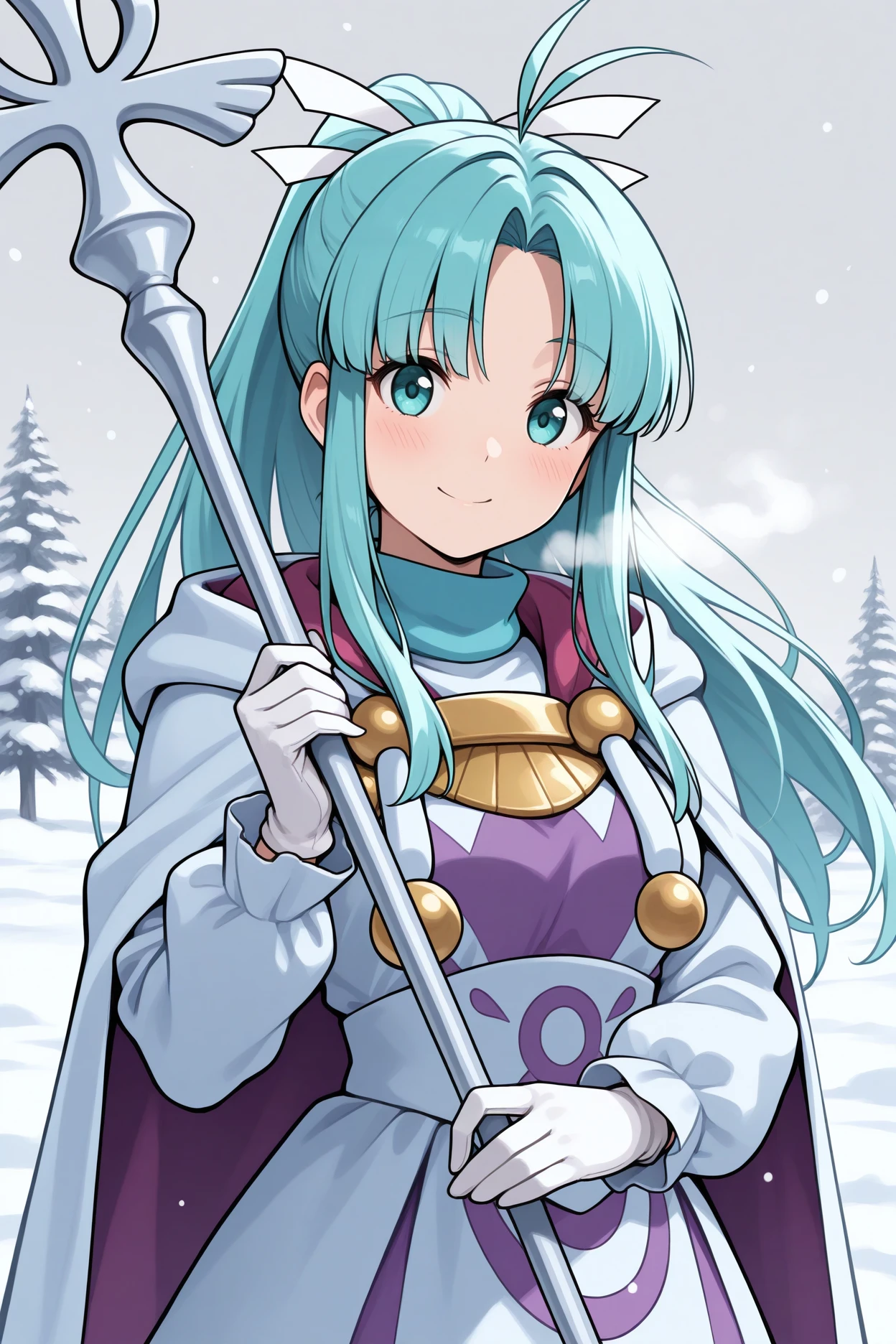 masterpiece, best quality, 1girl, solo, <lora:gsmia-illu-nvwls-v1-000005:1> m1a, aqua hair, parted bang, high ponytail, long hair, antenna hair, sidelocks, aqua eyes, hair ribbon, cape, two-tone dress, white and purple dress, long sleeves, long dress, white gloves, snow, upper body, holding silver staff, happy, blush, smile, closed mouth, grey sky, looking at viewer
