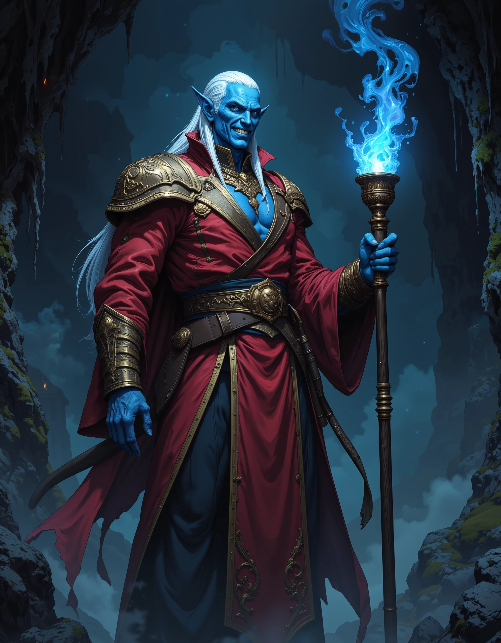 Finely detailed anime render of a tall slender man with blue tinted skin. He dwells in a very dark dimly lit cave. His robes are red with ornate golden trim. He grins menacingly. He is holding a torch with a blue and white flame. His hair is long and white. Edgy stylized anime, thick outlines, large glistening eyes. realistic. His ears are elflike, long, and pointy. Light diffuses through his large ears.