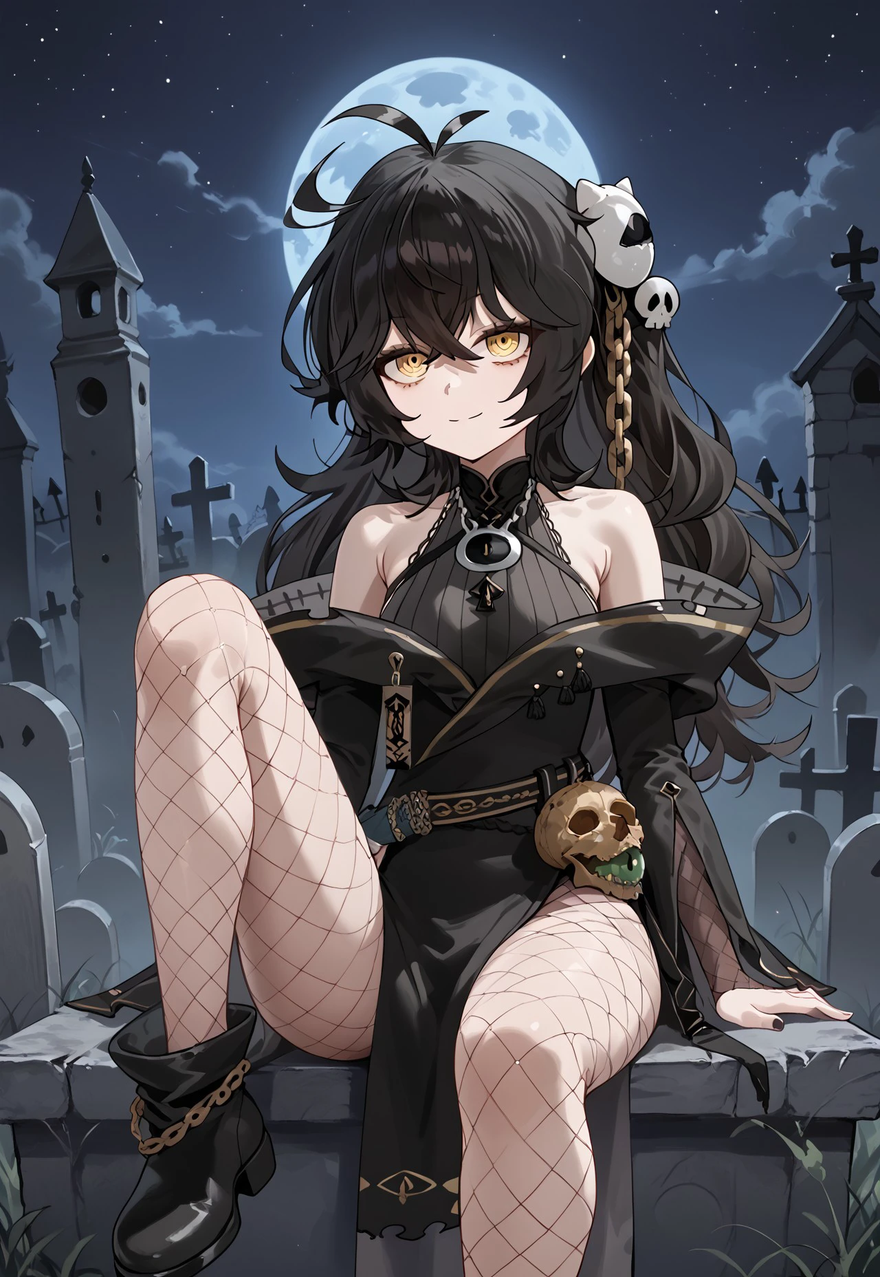safe_pos, handfixer, Grimmi2nd, long hair, bare shoulders, black hair, yellow eyes, bangs, skull hair ornament, fishnet pantyhose, hair between eyes, black dress, ahoge, antenna hair, off shoulder, belt, messy hair, detached sleeves, bags under eyes, pelvic curtain, black leotard,
hands up, evil smile, sitting, leg up, knee up, from side, black footwear, boots,
night, night sky, graveyard,