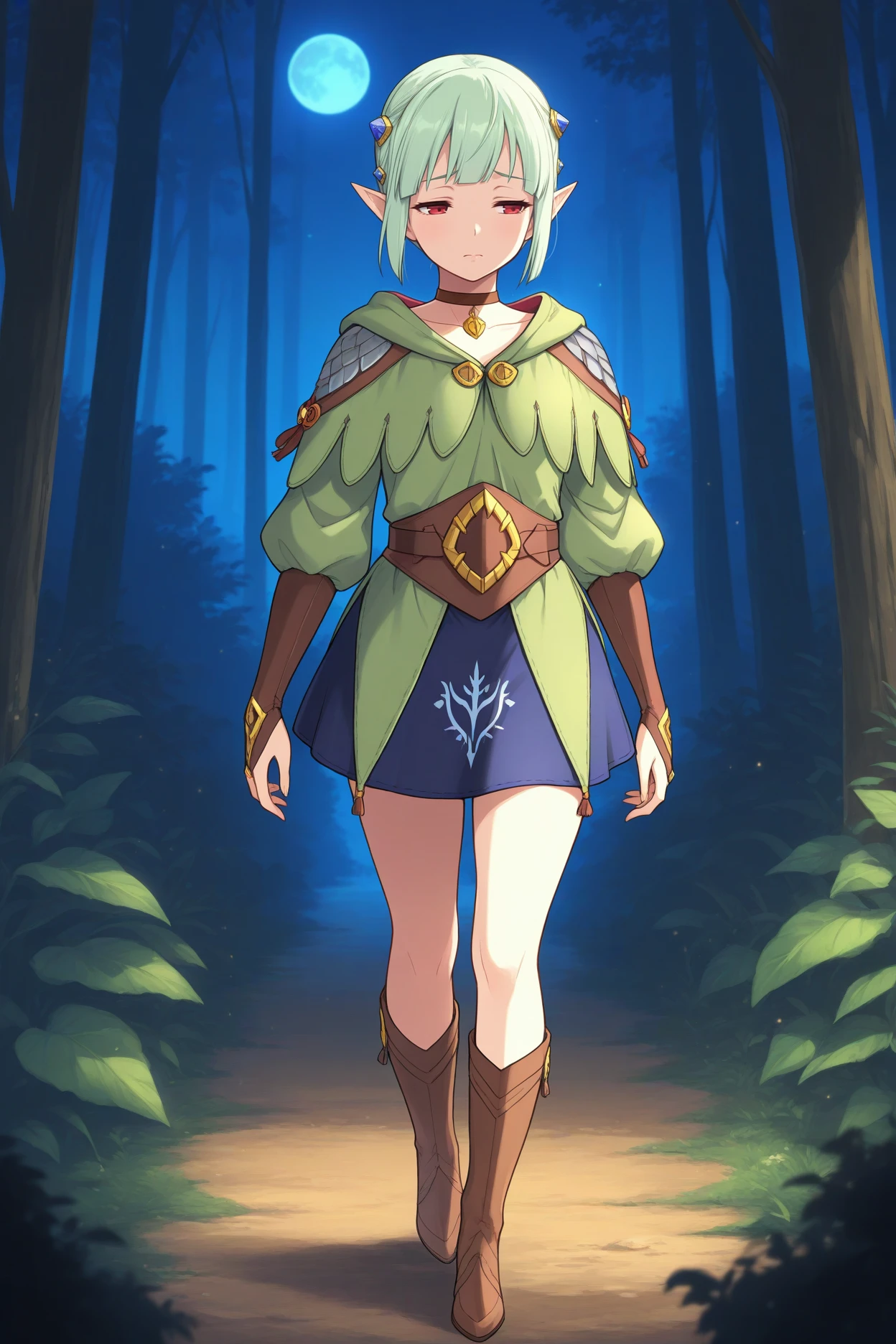 masterpiece, best quality, 1girl, solo, <lora:ena-illu-nvwls-v1-000005:1> mhsena, mint green hair, short hair, blunt bangs, pointy ears, red eyes, hair ornament, choker, green tunic, puffy long sleeves, brown belt, blue skirt, brown bridal gauntlets, brown boots, full body, forest, moon, night, half-closed eyes, sad, looking to the side, walking