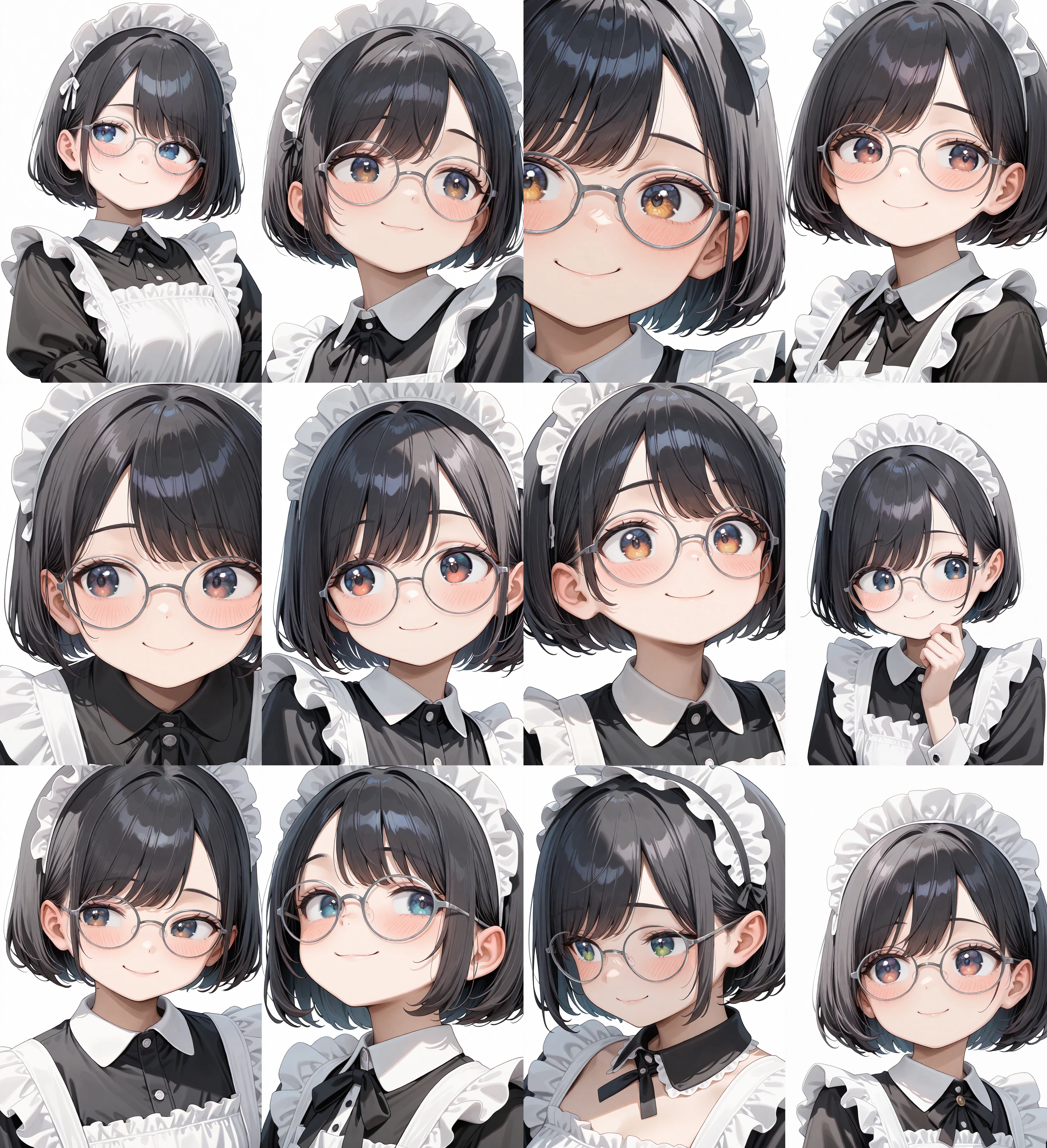 g-boston19s, glasses, grey-framed eyewear, eyewear,
1girl, solo, black hair, bob cut, swept bangs, maid headdress, maid dress, maid apron, smile, blush, looking at another,
simple background, white background, portrait, upper body,
masterpiece, best quality, amazing quality, very aesthetic, absurdres,
<lora:glasses_boston19s_Illustrious_V1L:1>