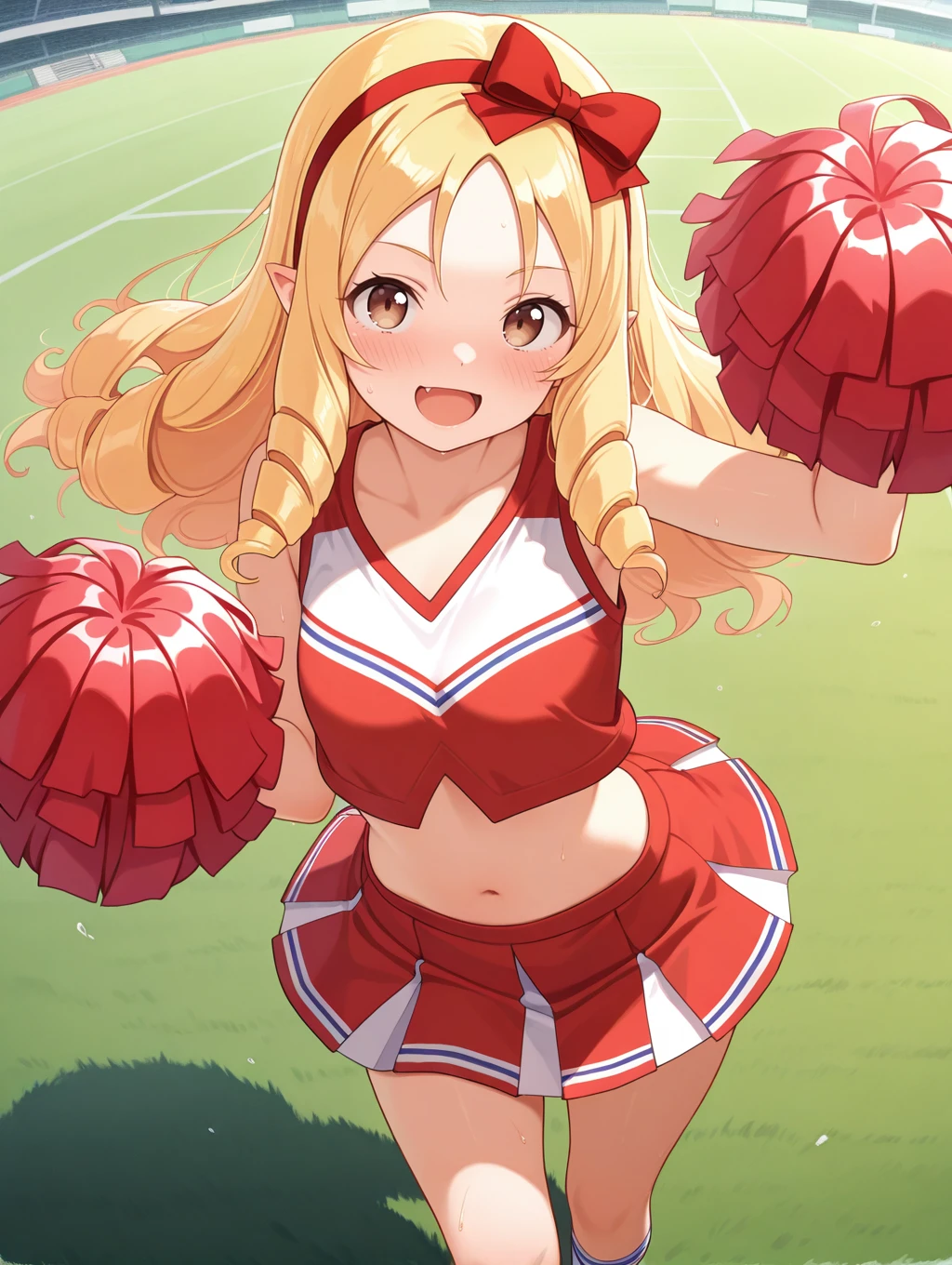 1girl, solo, very awa, masterpiece, best quality, amazing quality, very aesthetic, absurdres, standing, blush, happy,
<lora:YamadaElf--IL-V1:0.8> YamadaElf, long hair, hair bow, drill hair, blonde hair, red bow, hairband, twin drills, brown eyes, pointy ears, dynamic pose, cheerleader, pom pom \(cheerleading\), sports field,