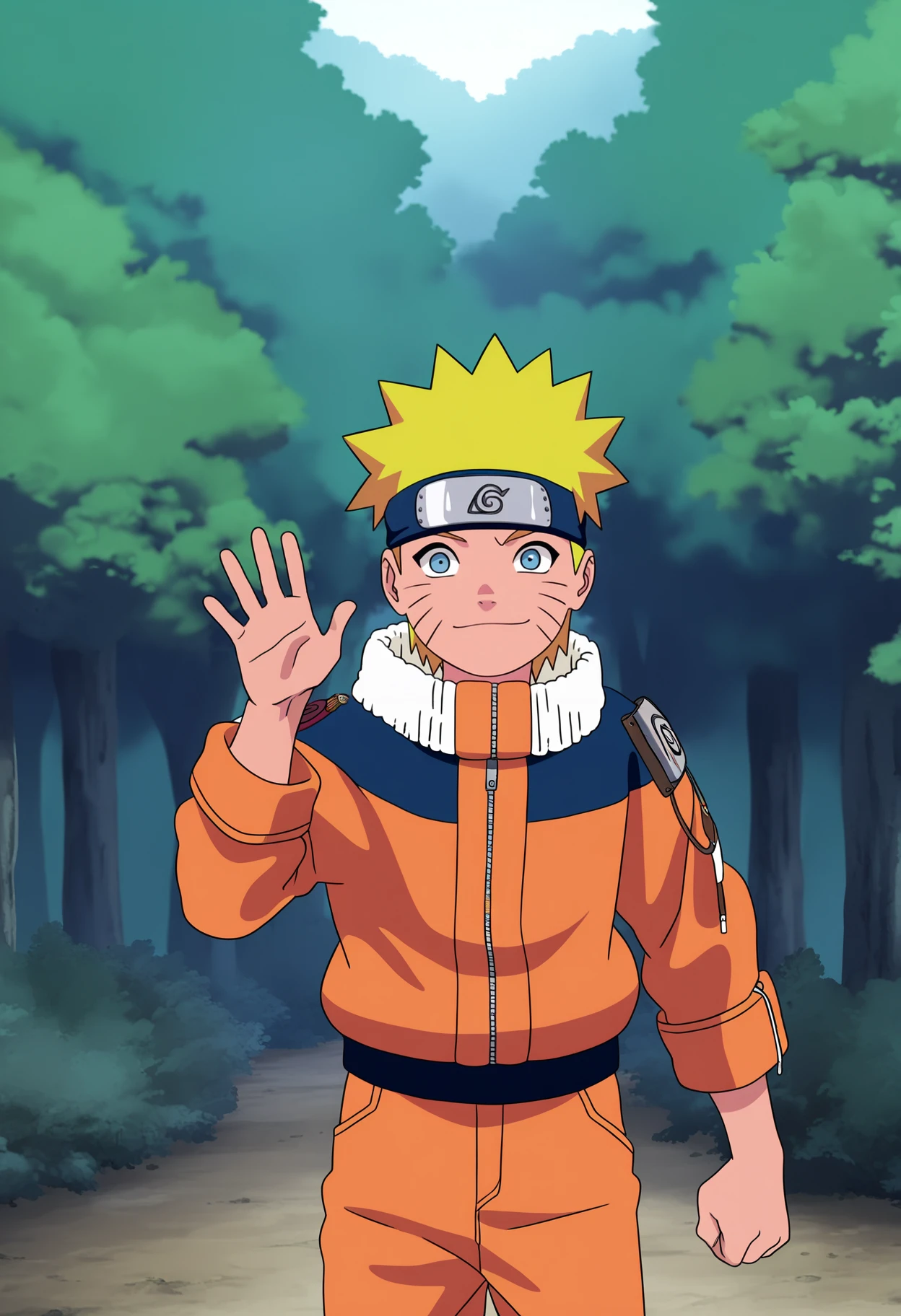 masterpiece, best quality, very aesthetic, absurdres,
1boy, uzumaki naruto, blonde hair, spiked hair, blue eyes, whisker markings,
forehead protector, orange jumpsuit,
waving,
solo, looking at viewer, standing, cowboy shot, outdoors, forest, anime screencap, anime coloring, <lora:NarutoGeninNoobXL_byKonan:1>