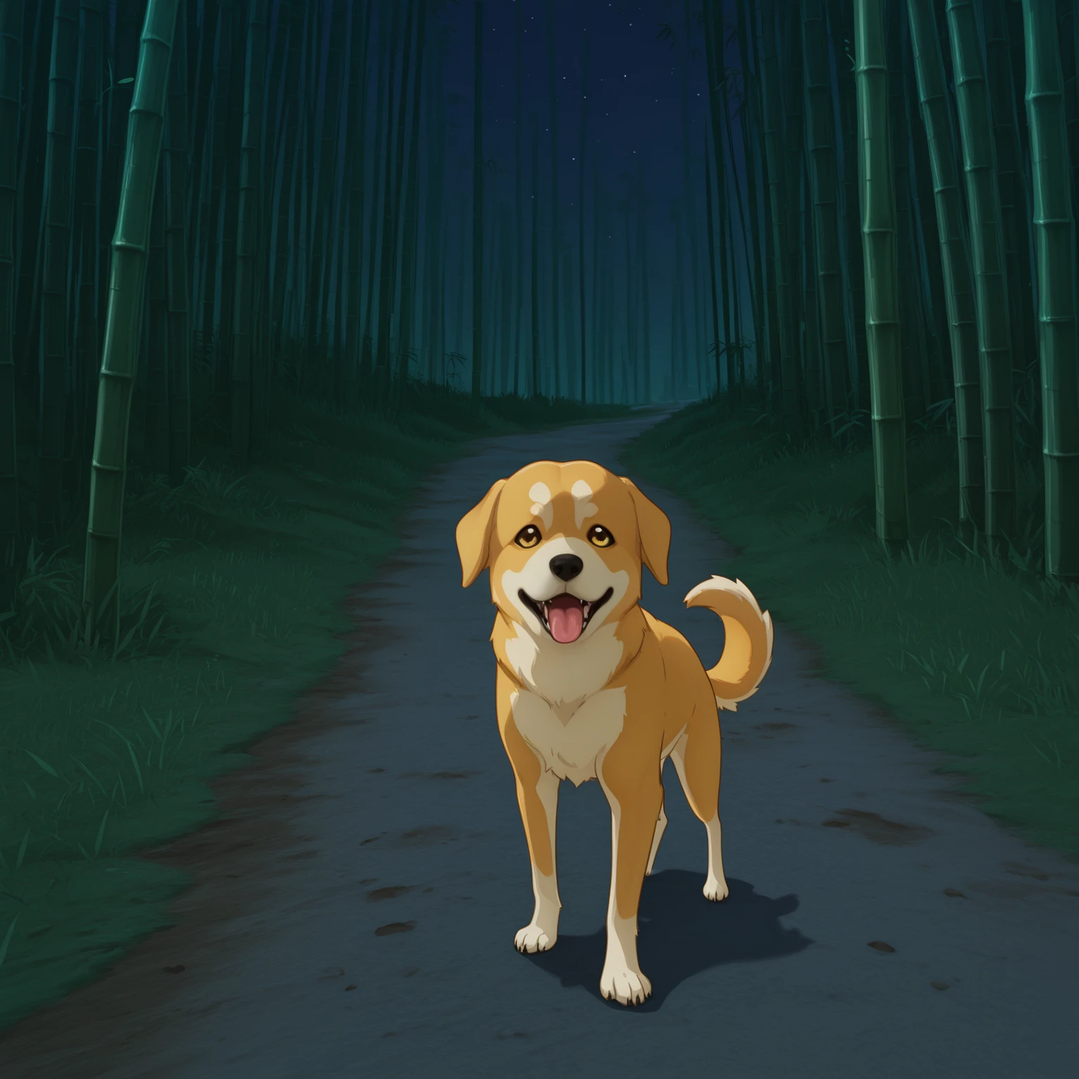 G3NSHIN, dog, animal, no humans, looking at viewer, stripped fur, yellow eyes, stone, grass, bamboo, bamboo forest, dirt, path, nature, scenery, outdoors, night, full body,