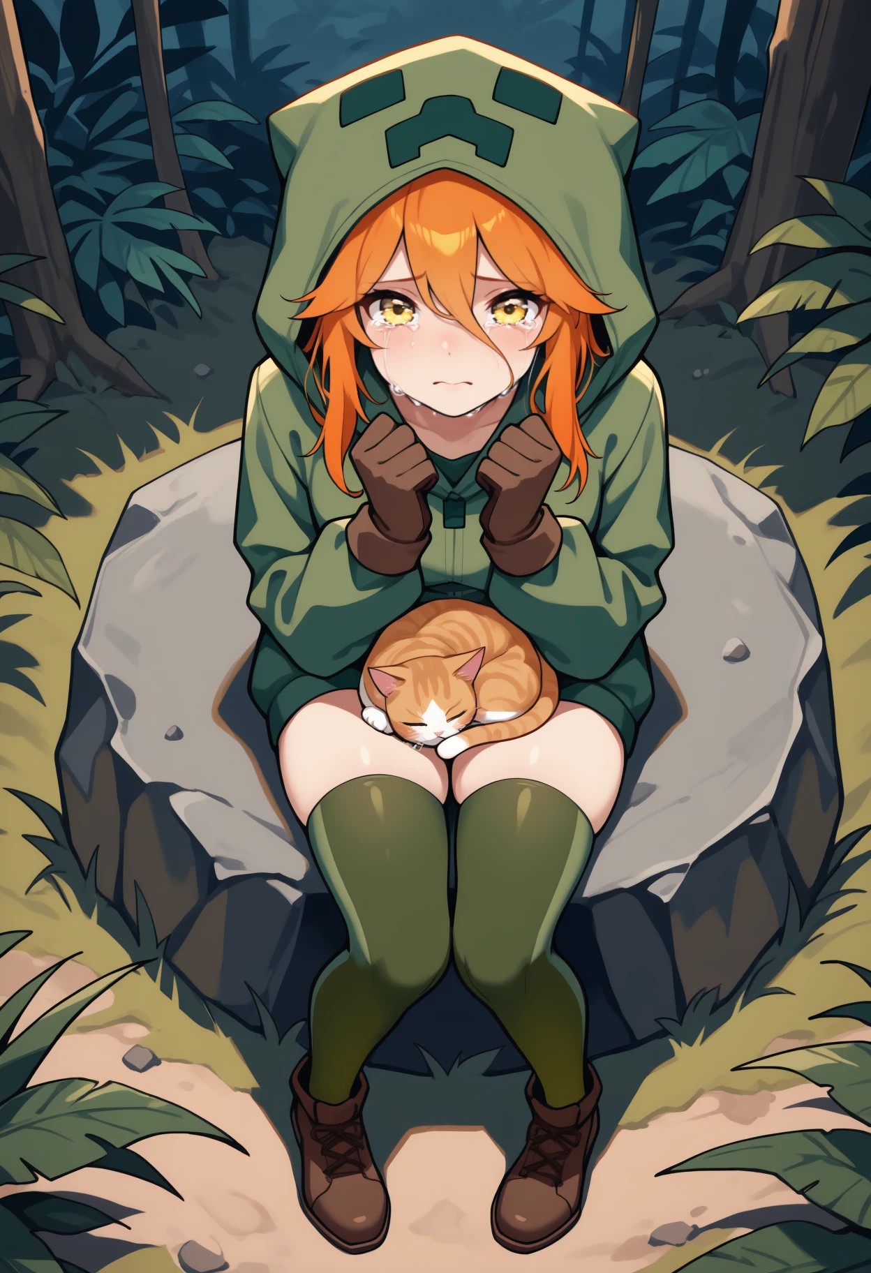 masterpiece, best quality, full body, from above, solo, 1girl, looking at viewer, crying with eyes open, sitting, on rock, animal on lap, cat sleeping, hands up, orange hair, yellow eyes, green hoodie, hood up, long sleeves, brown gloves, green thighhighs, brown footwear, shoes, outdoors, jungle
<segment:yolo-Anzhc Face seg 640 v2 y8n.pt,0.4,0.5//cid=1>