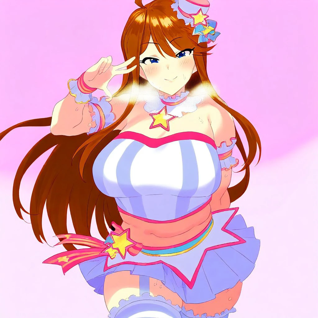 score_9, score_8_up, score_7_up, 1girl, megumi tokoro, megumi tokoro /(idolmaster)/, plump, idol outfit, hat on side of head, miniskirt, stripes stockings, idol pose, arms upblack stockings with stars ornament, brown hair, smiling, heavy breathing, sweat clouds, musky, abstract pink background with yellow stars
