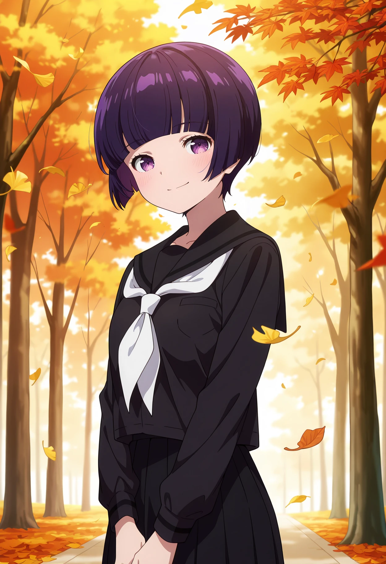 anime screencap, masterpiece, best quality,
<lora:EromangaSensei_SenjuMuramasa_IlluXL:0.9>,
1girl, solo, closed mouth, smile, blush,
short hair, purple hair, bob cut, blunt bangs, purple eyes,
MuramasaSchool, serafuku, black shirt, white neckerchief, long sleeves, black skirt,
standing, looking at viewer, cowboy shot,
outdoors, school, falling leaves, autumn, tree