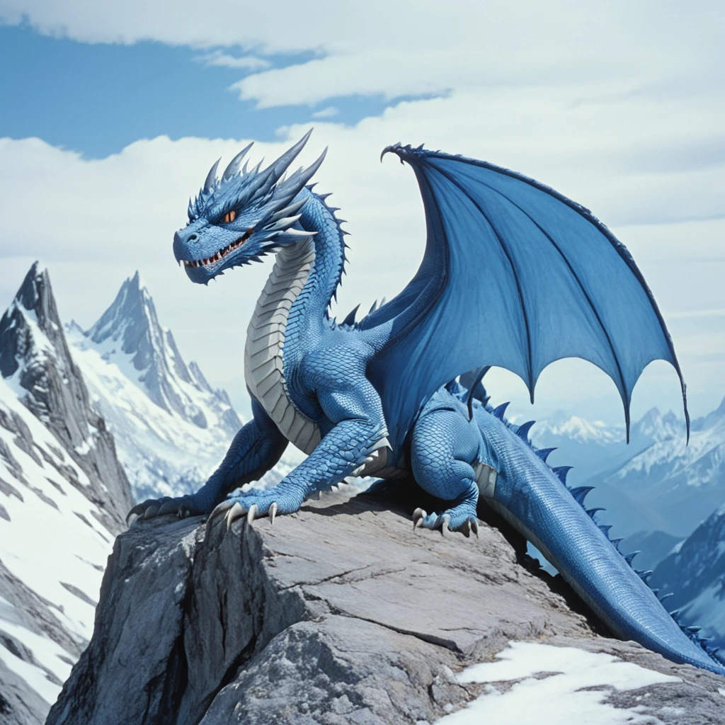 <lora:80sFantasyMovieV3SDXL:1> ArsMovieStill, 80s Fantasy Movie Still, The image shows a blue dragon perched atop a mountain with a backdrop of snow-capped peaks and a cloudy sky., no humans, dragon, mountain, cloud, wings, sky, solo, outdoors, rock, tail