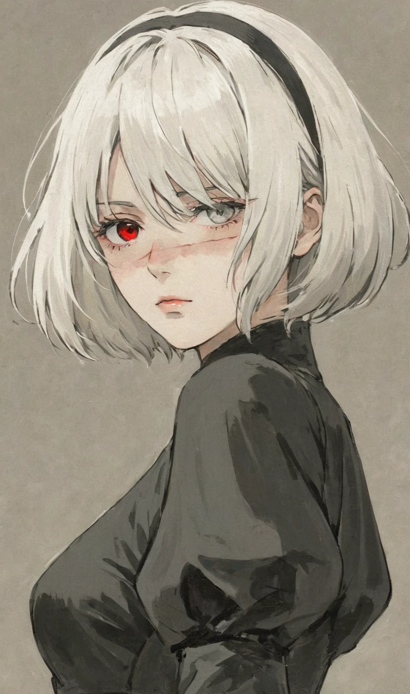 masterpiece,best quality,amazing quality,very aesthetic,absurdre BREAK
<lora:hs2b2SDXL1:0.8>, hs2b, anime-style drawing of a young woman with short, white hair and a serious expression. her left eye is covered by her hair, while her right eye is wide open, revealing a small, red, teardrop-shaped scar on her cheek. she has a small, black beauty mark under her right eye. the background is a plain, light beige color. the drawing has a soft, muted color palette with a focus on the woman's facial features. the style is reminiscent of japanese anime and manga.