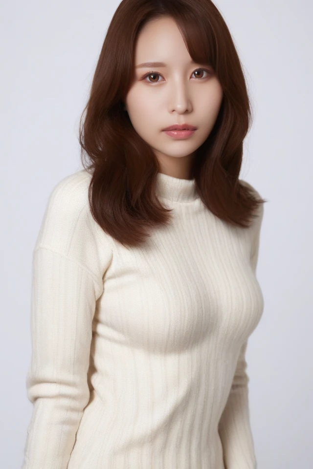 1girl,solo,brown hair,long hair,realistic,brown eyes,breasts,lips,sweater,medium breasts,simple background,looking at viewer,white background,<lora:PONY-Ito Maiyuki:1>,