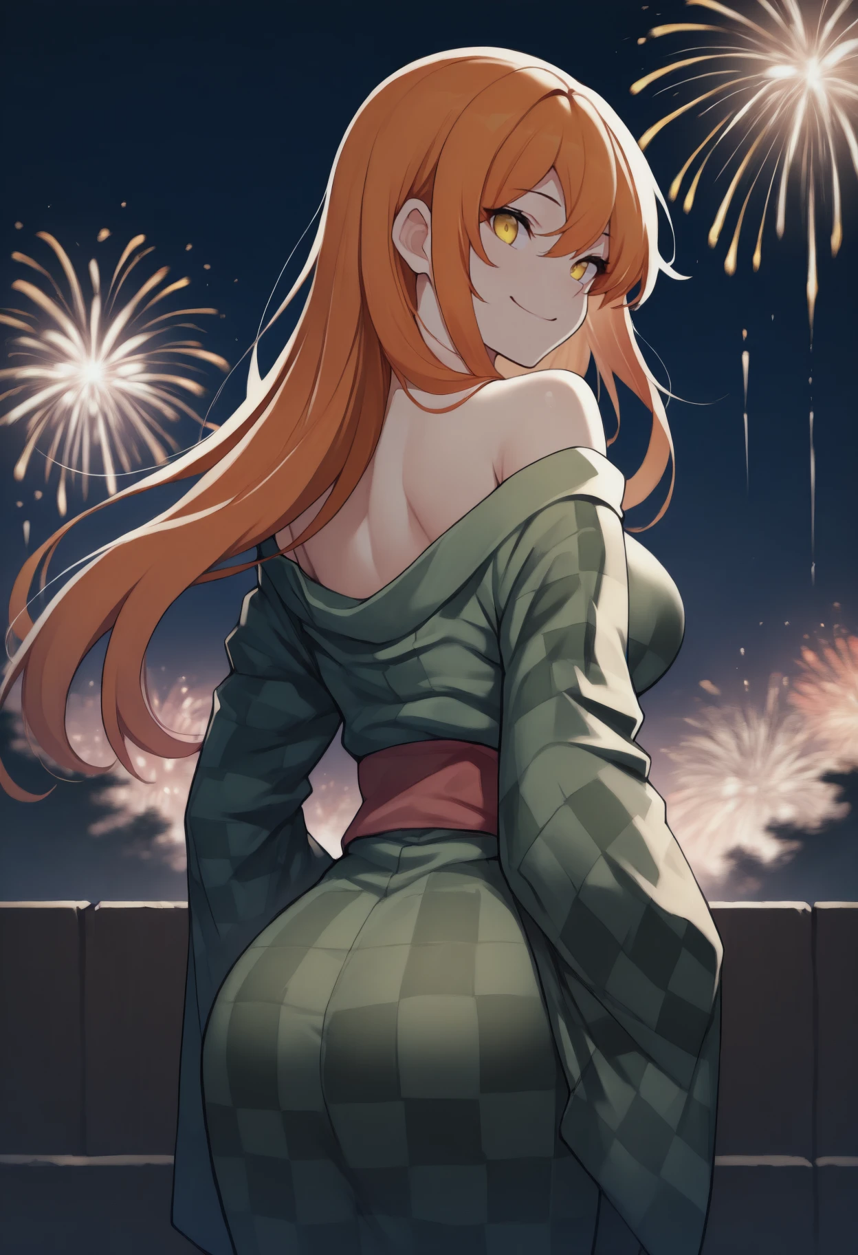 anime, masterpiece, best quality, from behind, solo, 1girl, smile, looking back, long hair, orange hair, yellow eyes, japanese clothes, green kimono, checkered kimono, off shoulder, bare shoulders, outdoors, night, fireworks
<segment:yolo-Anzhc Face seg 640 v2 y8n.pt,0.4,0.5//cid=1>