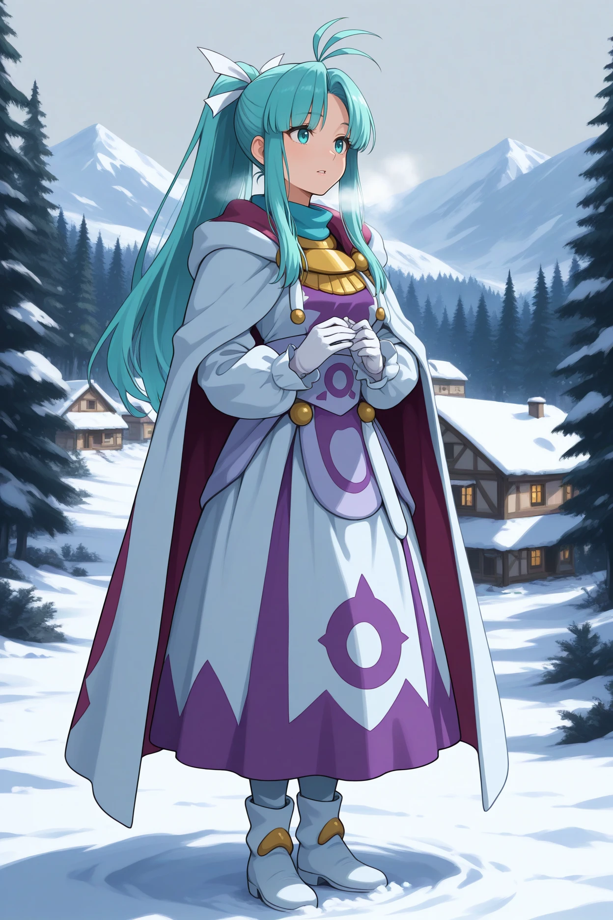 masterpiece, best quality, 1girl, solo, <lora:gsmia-illu-nvwls-v1-000005:1> m1a, aqua hair, parted bang, high ponytail, long hair, antenna hair, sidelocks, aqua eyes, hair ribbon, cape, two-tone dress, white and purple dress, long sleeves, long dress, white gloves, snow, full body, cold, parted lips, grey sky, alpine forest, village, white boots