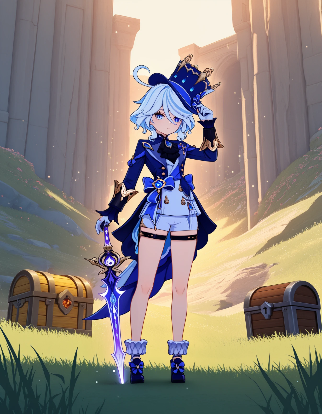 masterpiece, G3NSHIN, 1girl, blue top hat, blue headwear, top hat, gloves, long sleeves, hat, holding, holding sword, closed mouth, standing, jacket, full body, weapon, purple sword, treasure , white hair, outdoors, shorts, sword, grass, blue jacket, scenery, blue footwear, furina \(genshin impact\), light particles, yellow light particles, holding hat, hat tip, ahoge, vision \(genshin impact\), blue eyes, day, ascot, black ascot, looking at viewer, heterochromia, symbol-shaped pupils,
