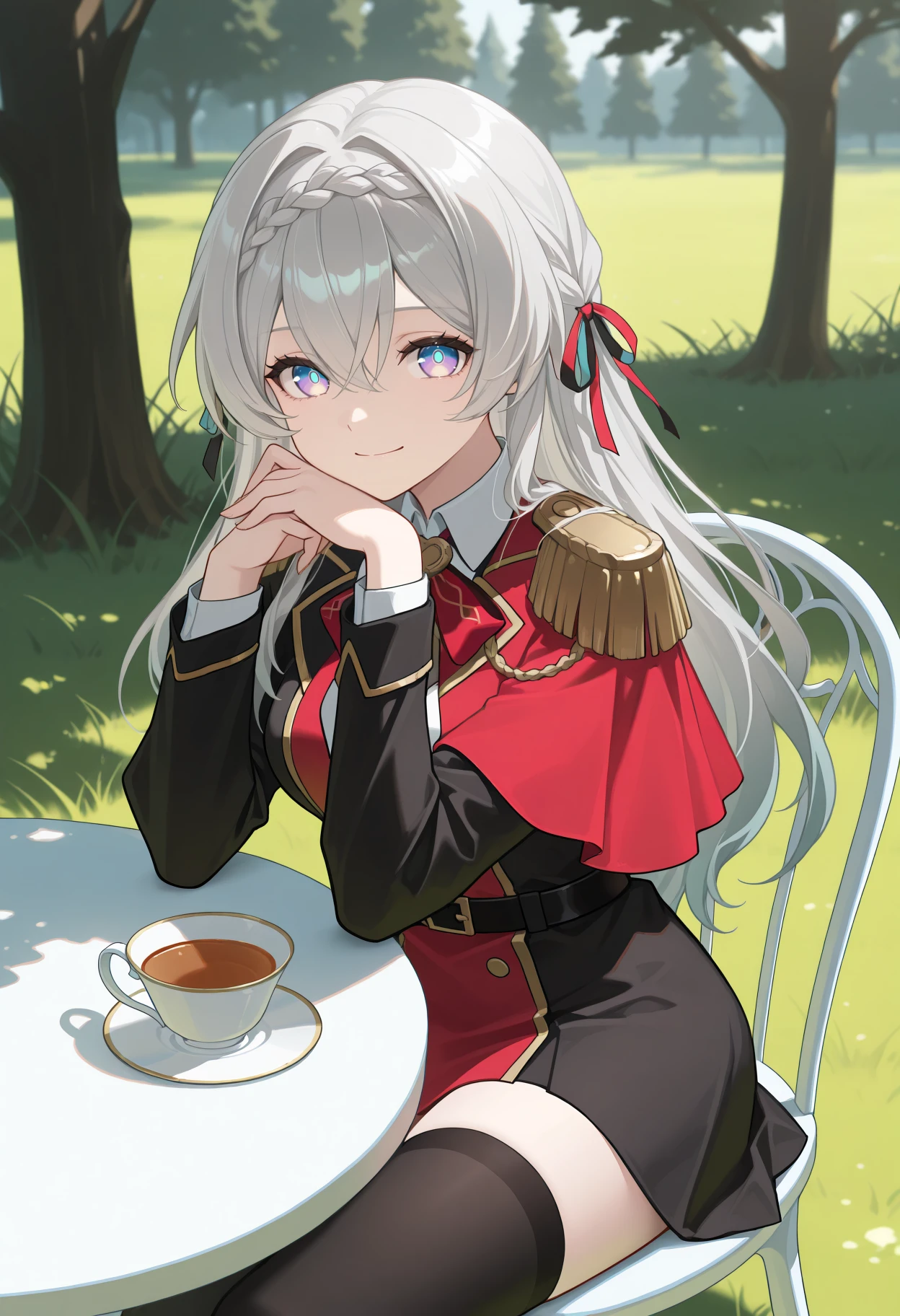 masterpiece, best quality, 1girl, solo, F1reflyVsn, blue pupils, purple eyes, blue eyes, grey hair, multicolored hair, long hair, red hair ribbon, black hair ribbon, braid, military uniform, black uniform, red uniform, red bowtie, epaulettes, red capelet, black belt, black skirt, black thighhighs, sitting, outdoors, table, chair, teacup, nature, grass, tree, looking at viewer, smile, <lora:ChamFireflyIllustriousXL:1>