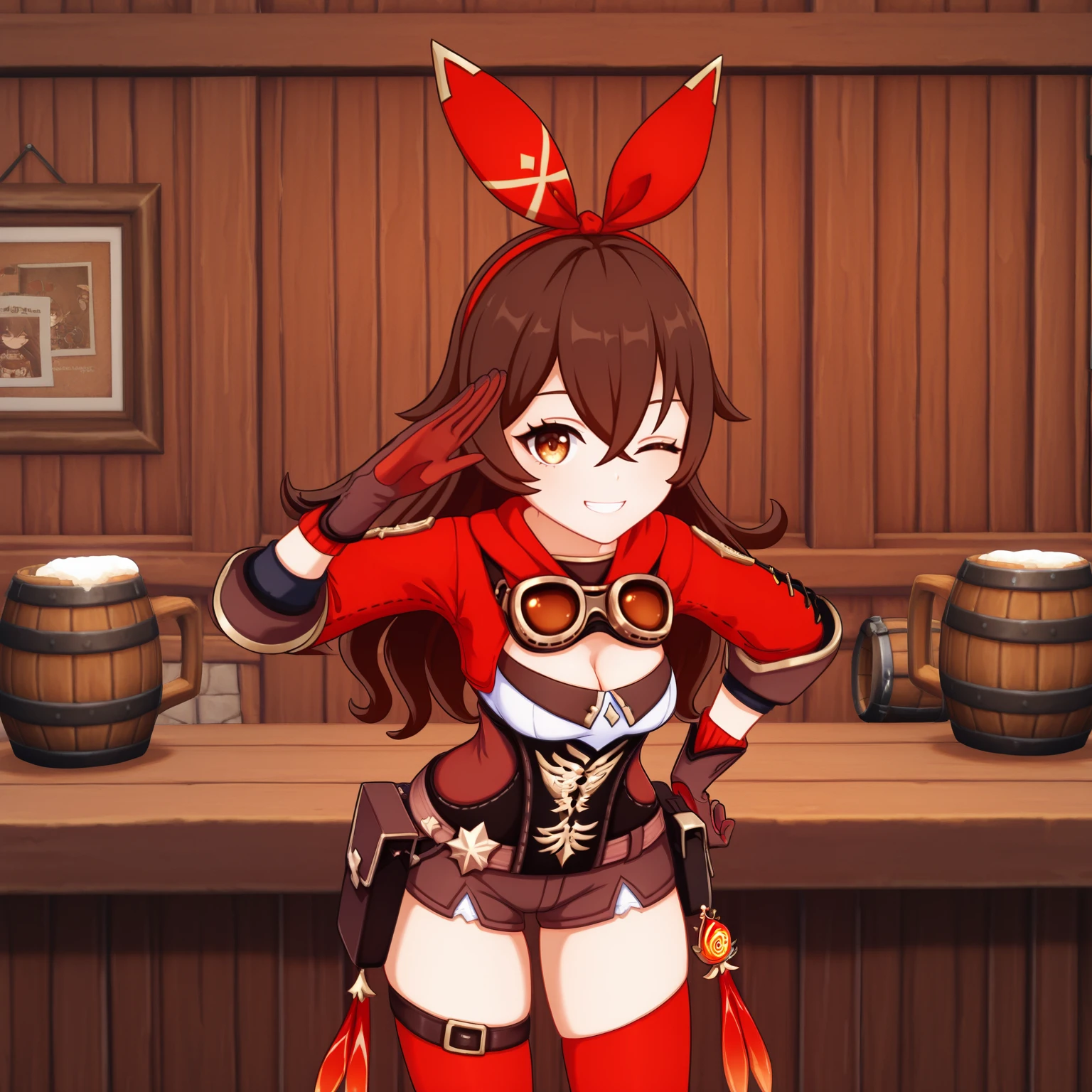 masterpiece, best quality, amazing quality, g3nshin, amber \(genshin impact\), 1girl, long hair, , , grin, happy, brown hair, thighhighs, gloves, long sleeves, ribbon, cleavage, hair between eyes, brown eyes, hair ribbon, sidelocks, one eye closed, shorts, hand on hip, short shorts, goggles, brown gloves, pouch, \;\), mug, salute, beer mug, goggles around neck, barrel, pub, counter, cowboy shot, picture frame, bottle, standing, leaning forward
